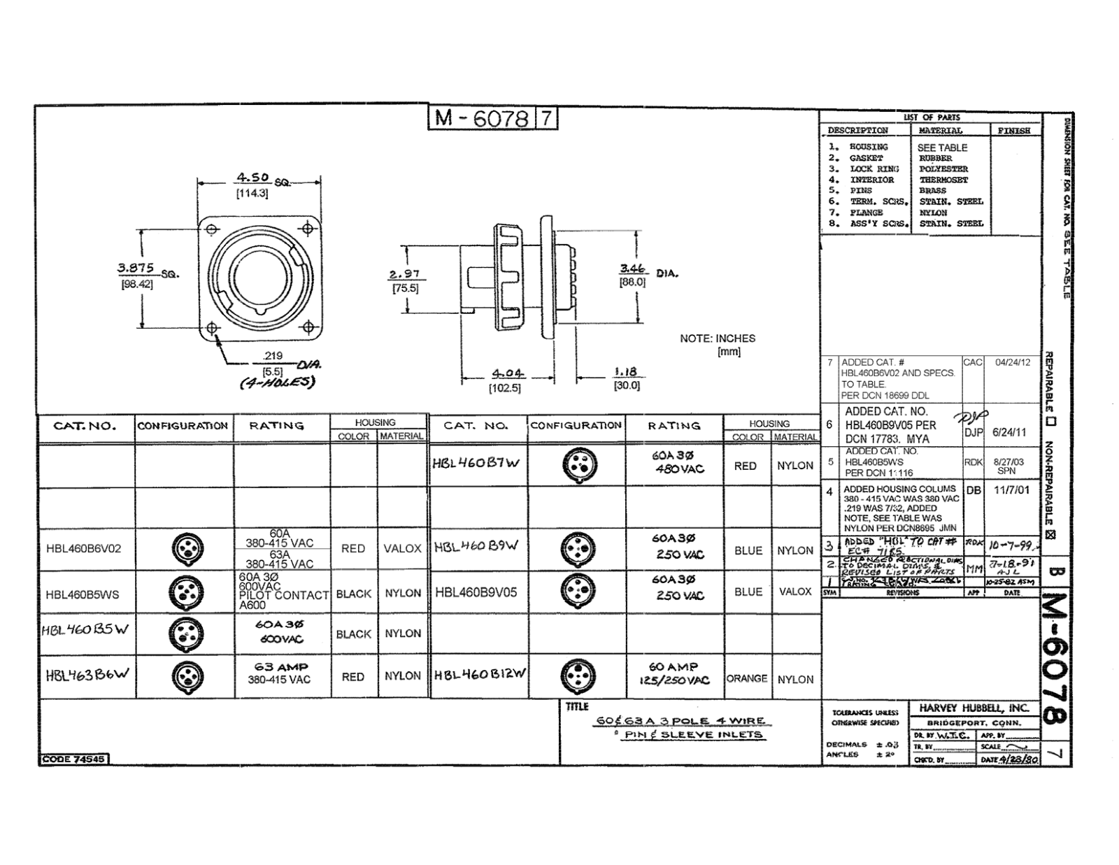 Hubbell HBL460B12W Reference Drawing