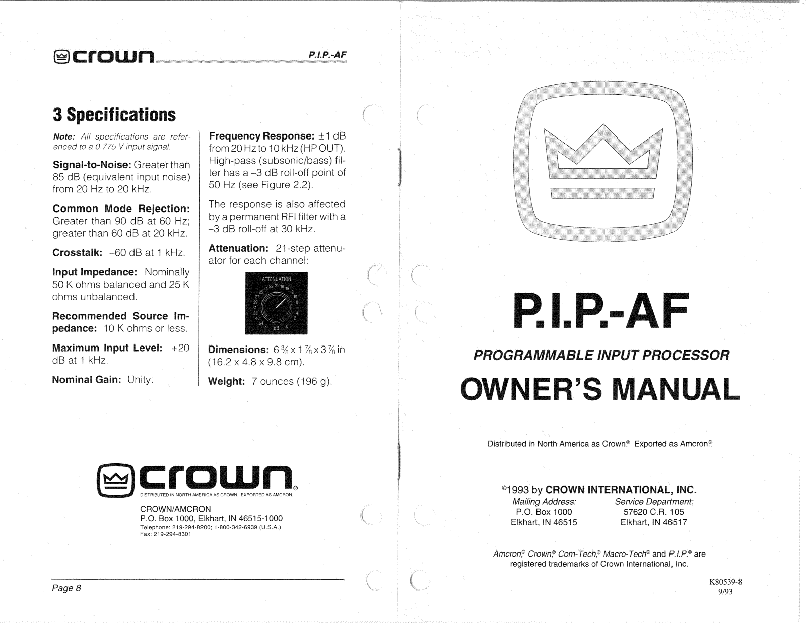 Crown Audio P.I.P.-AF Owner's Manual