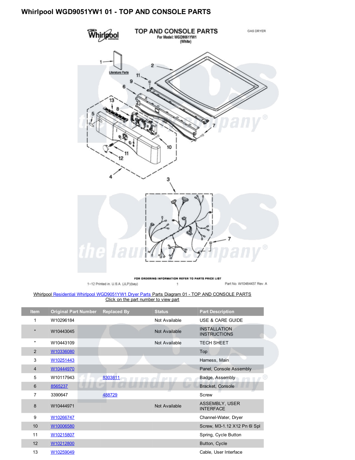 Whirlpool WGD9051YW1 Parts Diagram