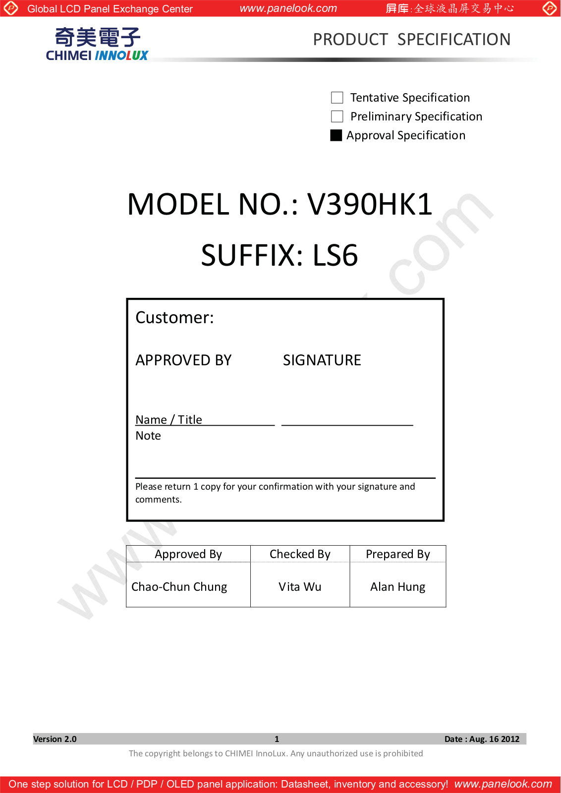 CHIMEI INNOLUX V390HK1-LS6 Specification