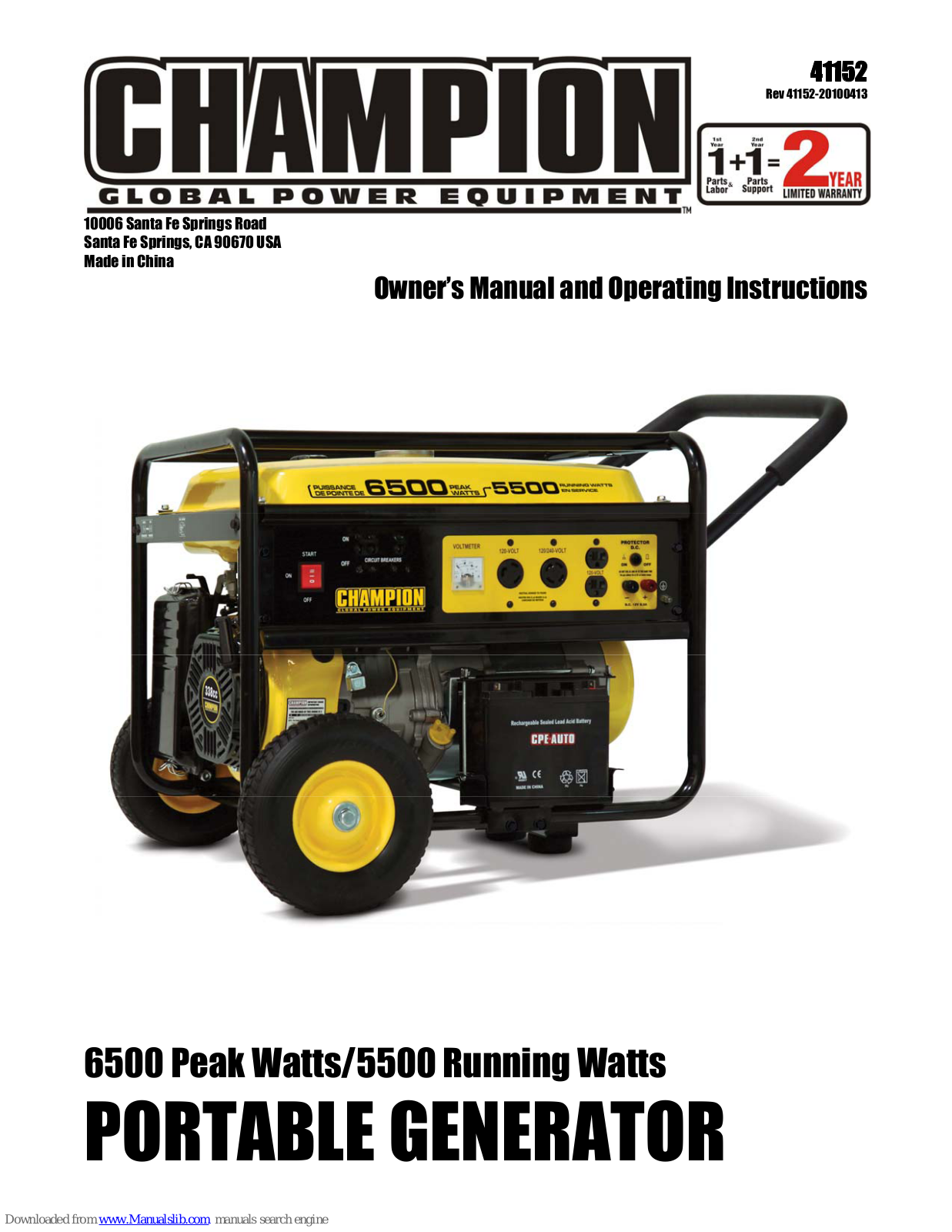 Champion PORTABLE GENERATOR, 41154, 41152 Owner's Manual And Operating Instructions