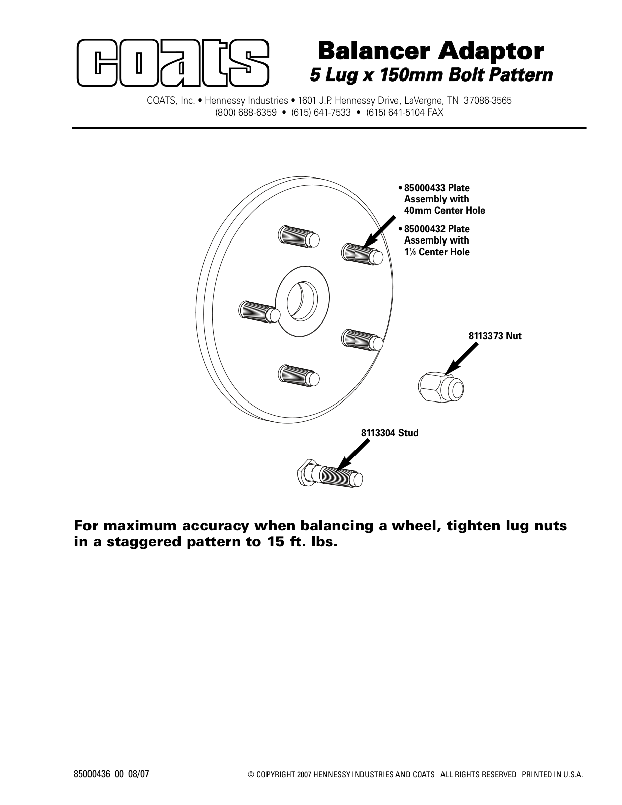 COATS Balancer Adapter, 5 lug x 150mm Bolt Pattern User Manual