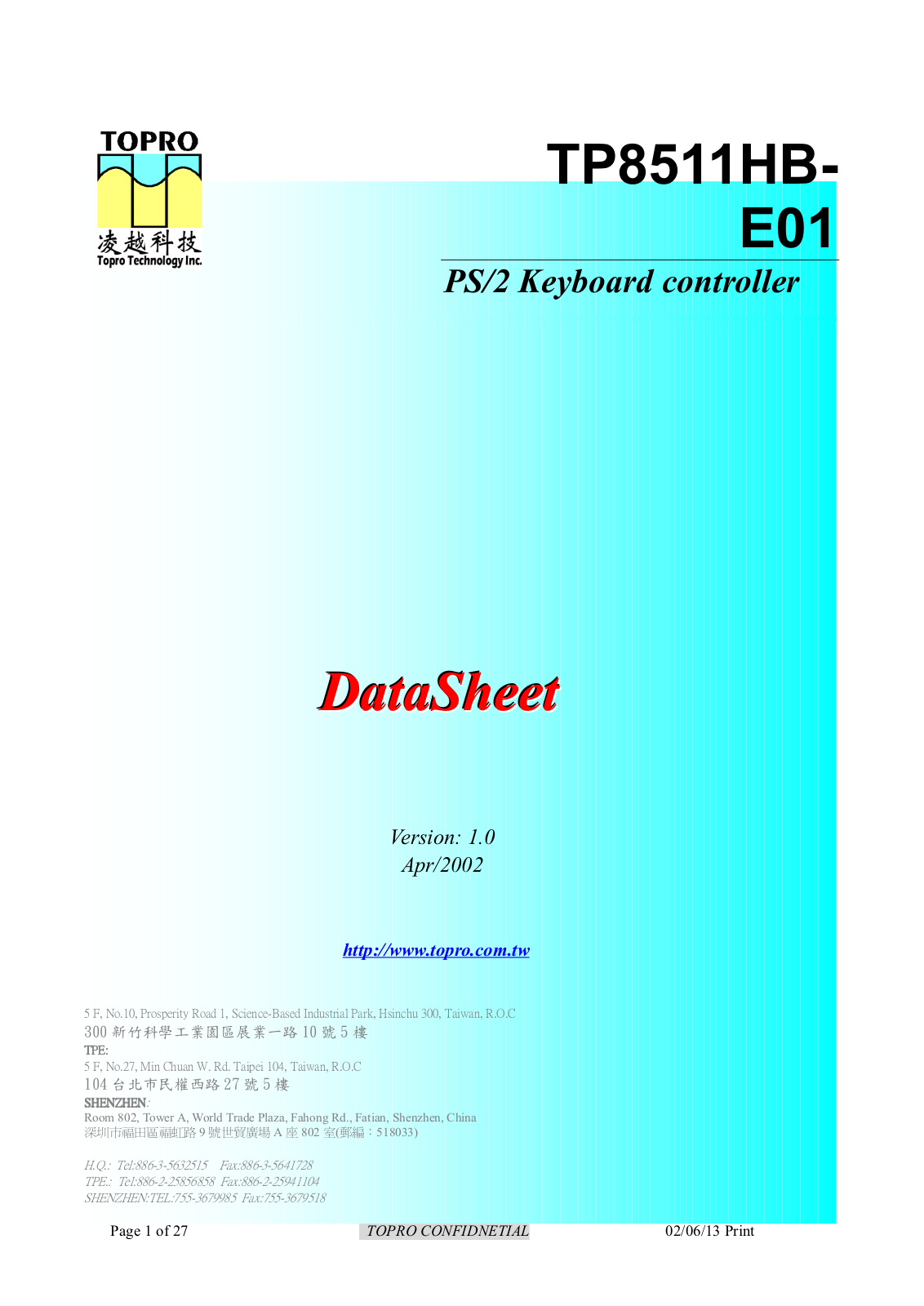 Datasheet TP8511HB-E01 Datasheet (TOPRO) - ManualMachine.com
