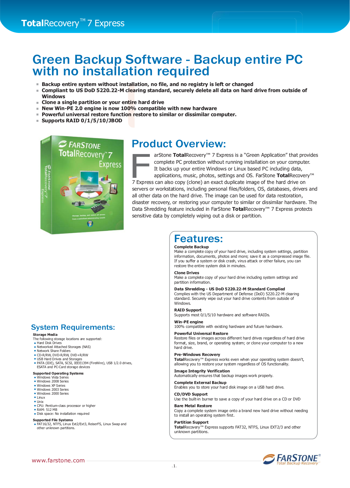 Farstone TOTALRECOVERY 7 EXPRESS DATASHEET