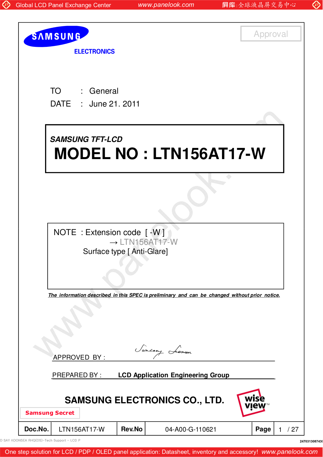 SAMSUNG LTN156AT17-W01 Specification