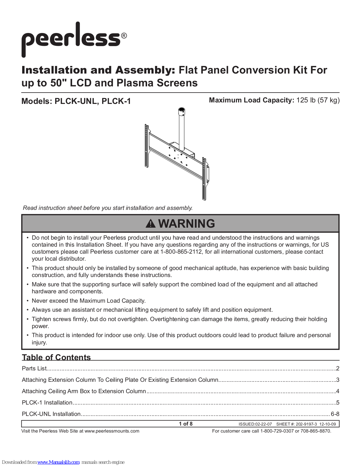 PEERLESS PLCK-1, PLCK-UNL Installation And Assembly Manual