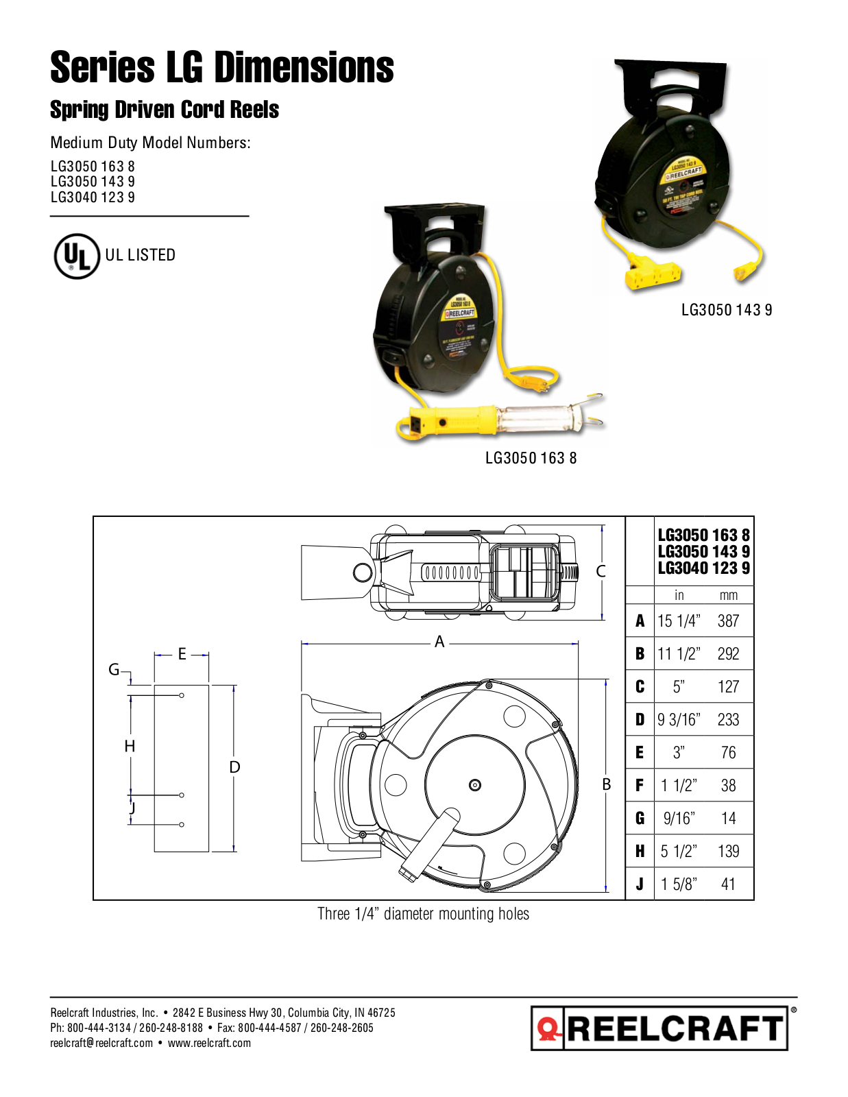 Reelcraft LG Cord Reels Dimensions User Manual