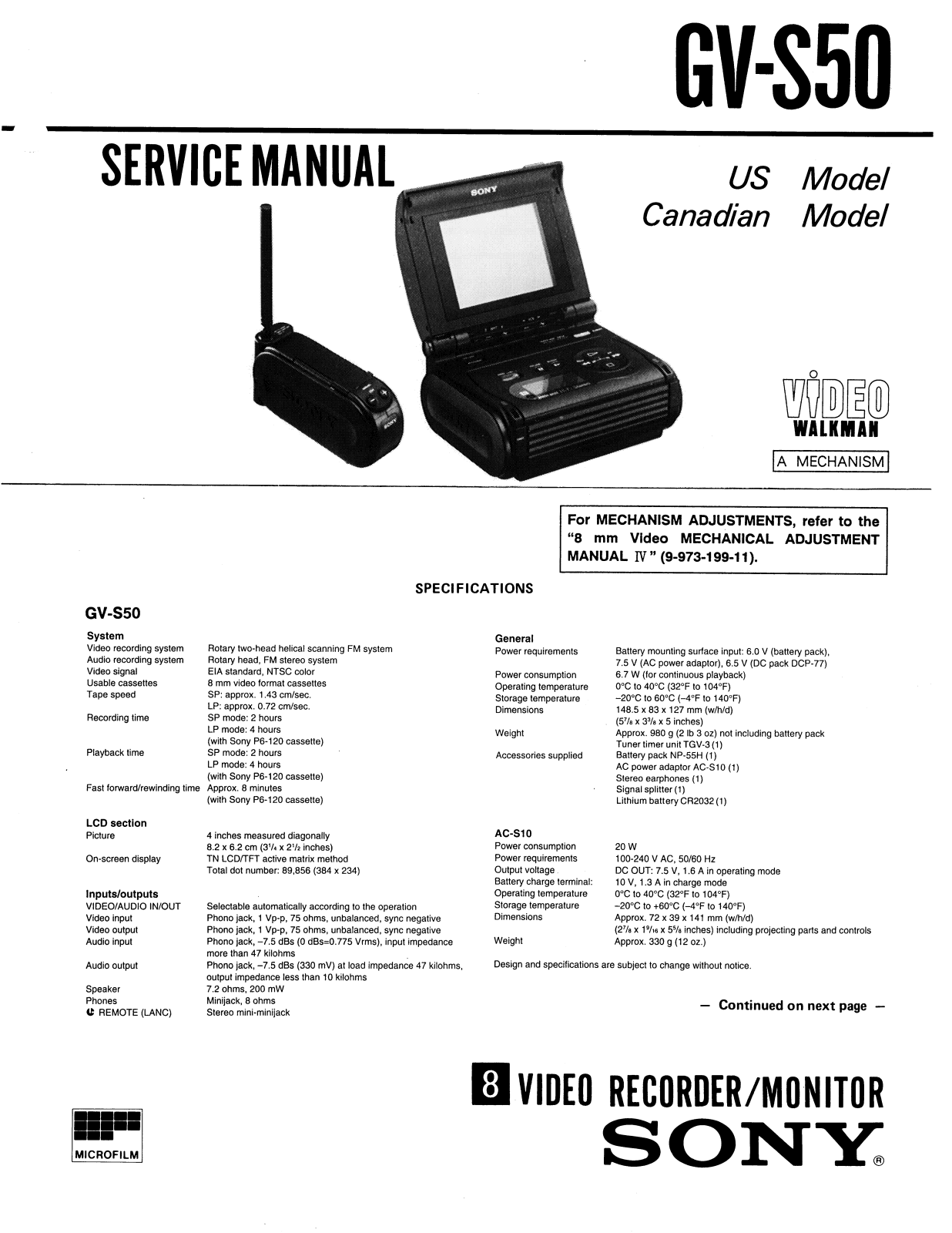 Sony GVS-50 Service manual