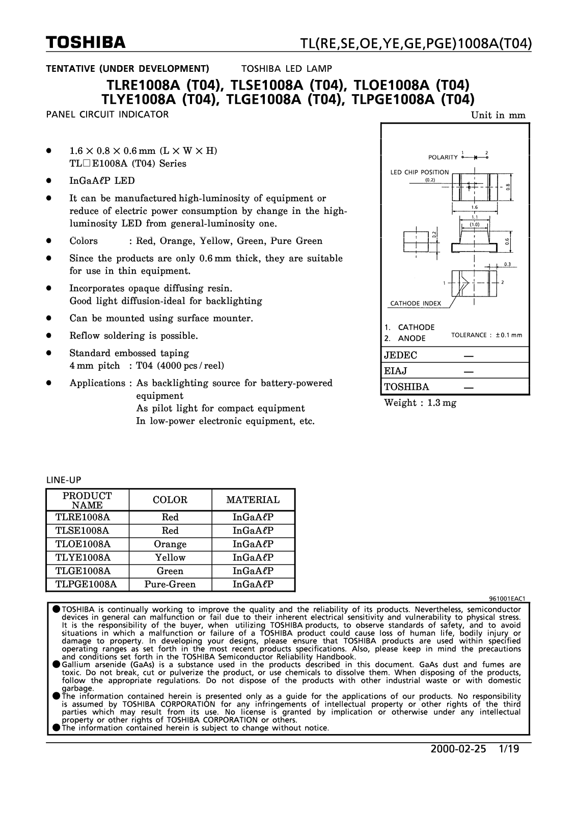 Marktech TLYE1008A, TLRE1008A, TLSE1008A, TLPGE1008A, TLOE1008A Datasheet