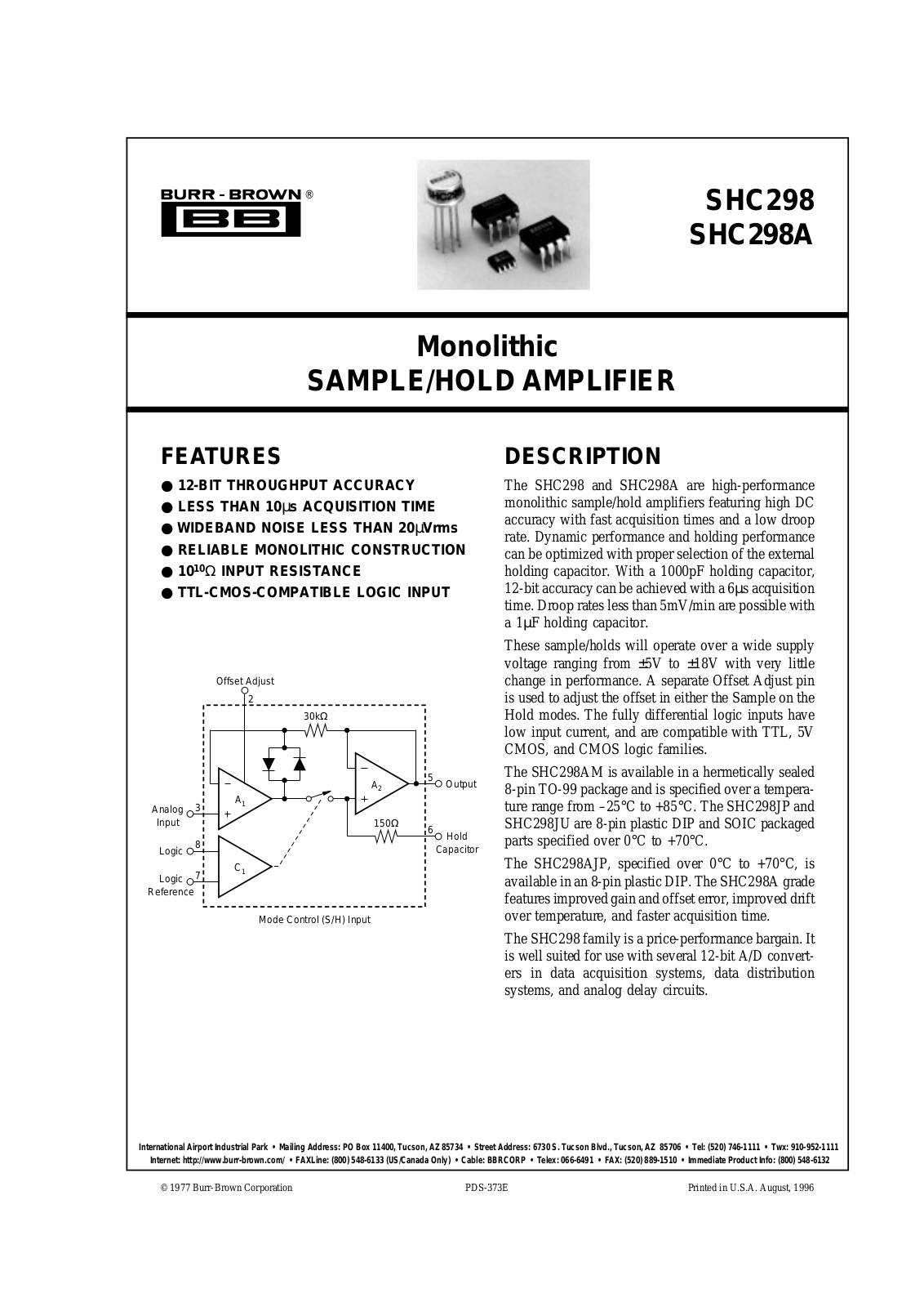 Burr Brown SHC298AJP, SHC298AM, SHC298JU, SHC298JU-2K5 Datasheet