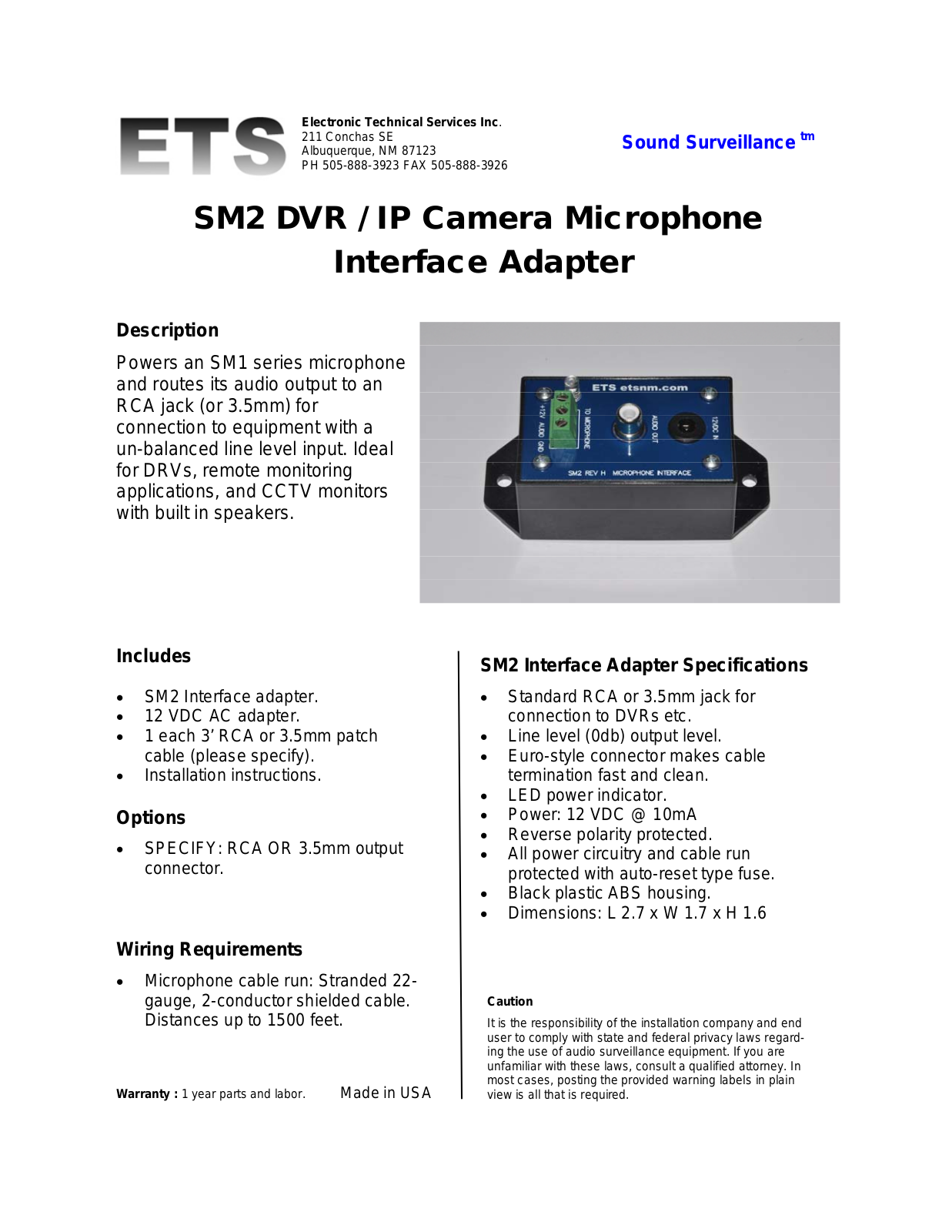 ETS SM2, SM2-CPI Specsheet