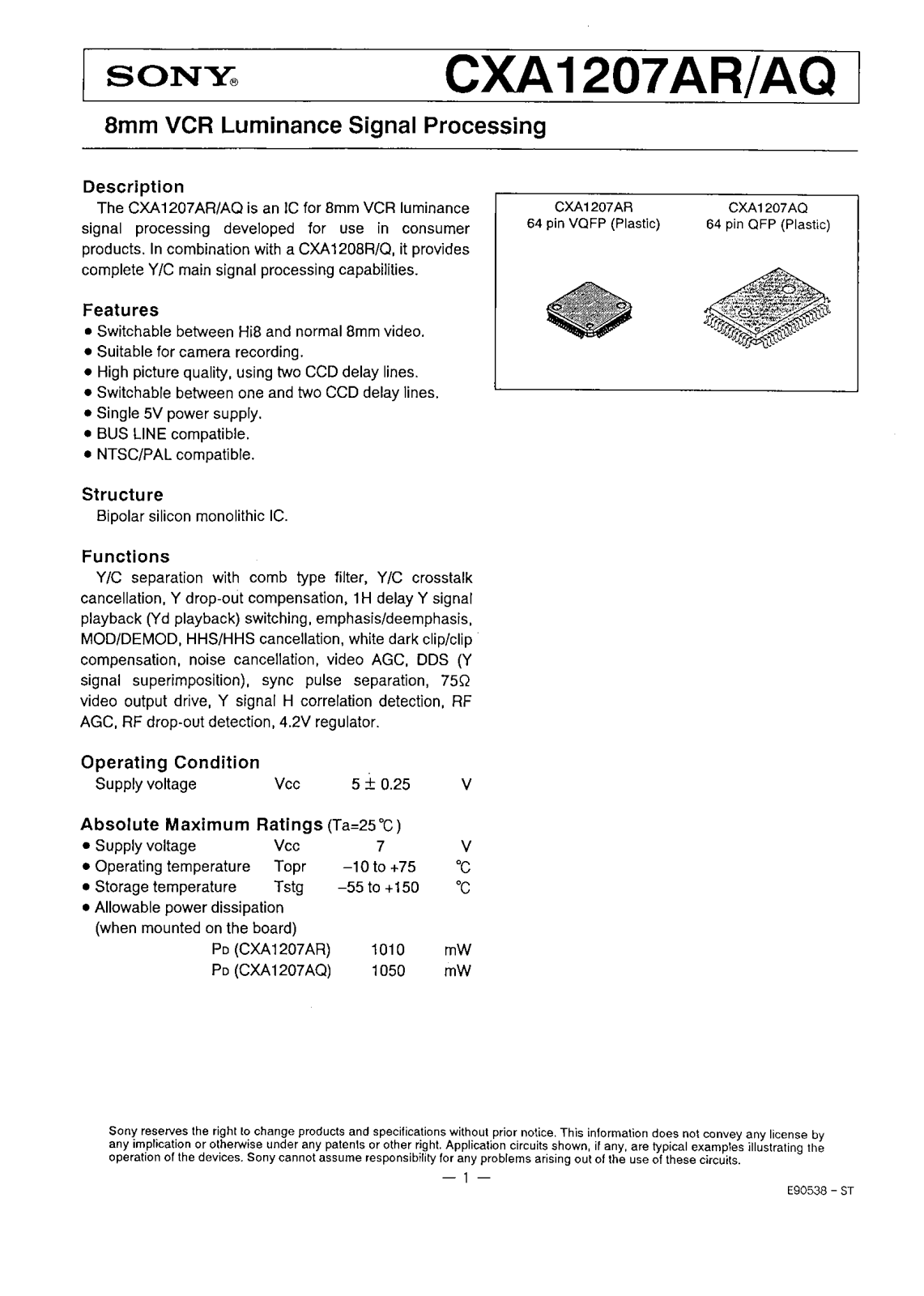 Sony CXA1207AR, CXA1207AQ Datasheet