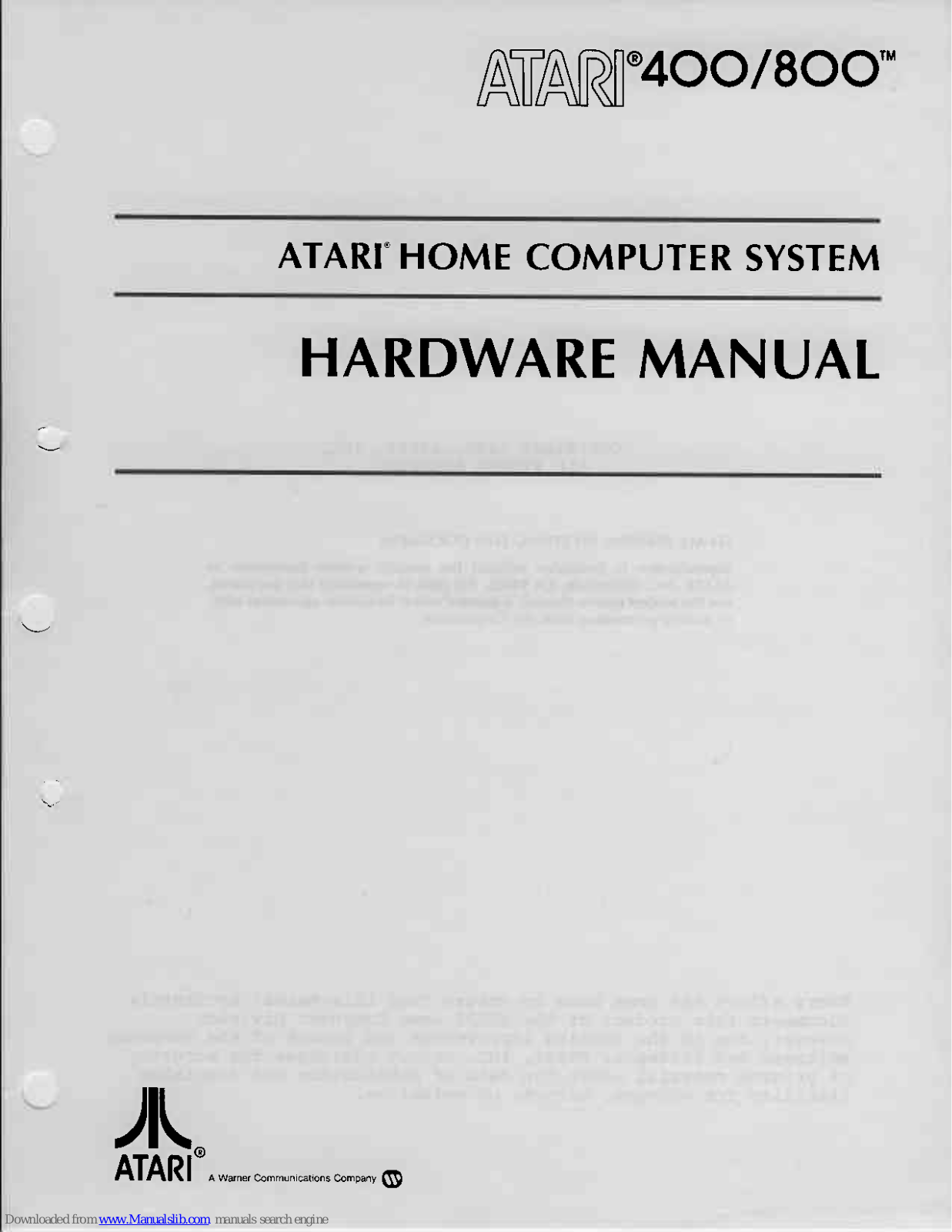Atari 400 Personal Computer, 800 Personal Computer System System Hardware Manual - ManualMachine.com