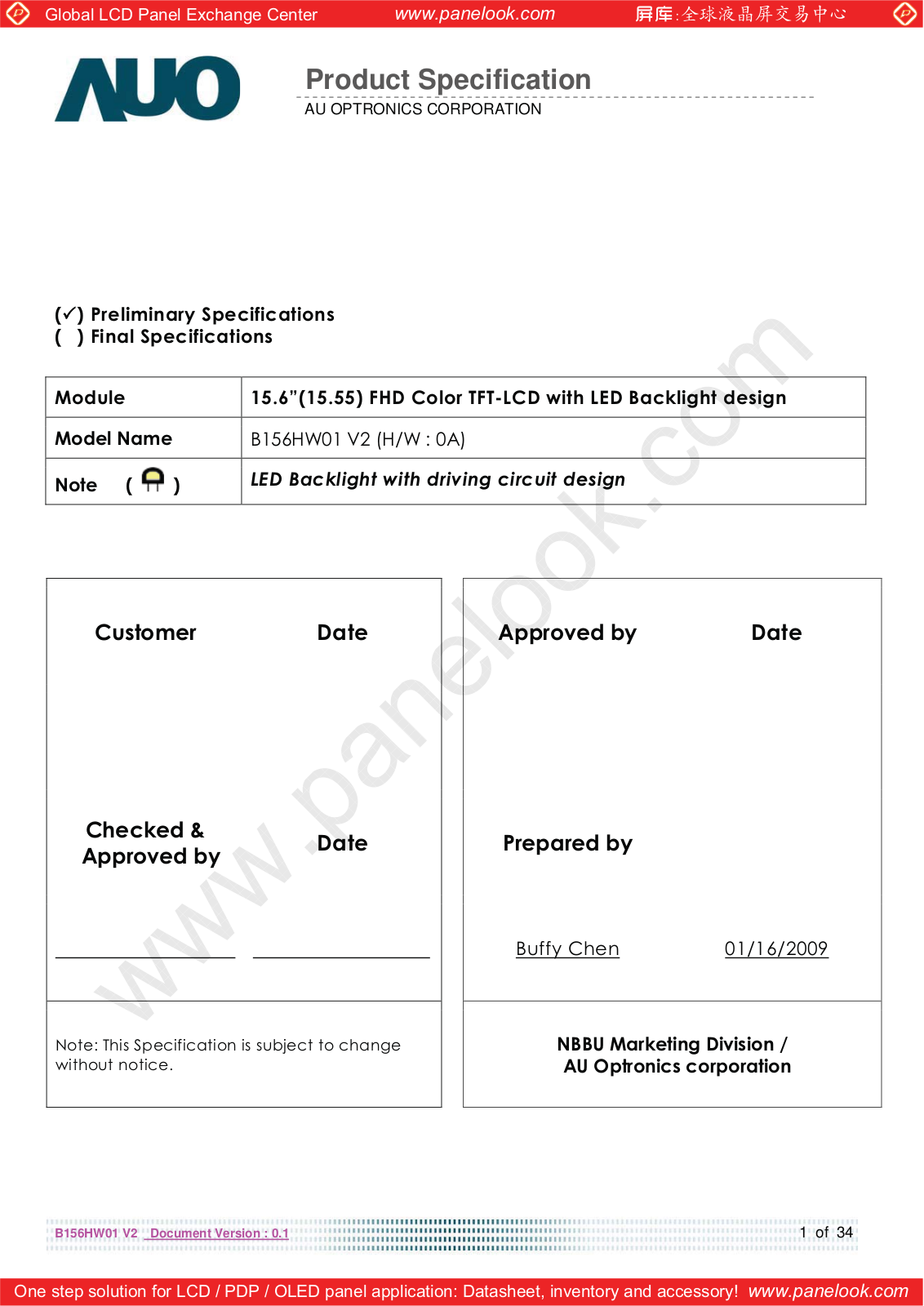 AUO B156HW01 V2 Specification