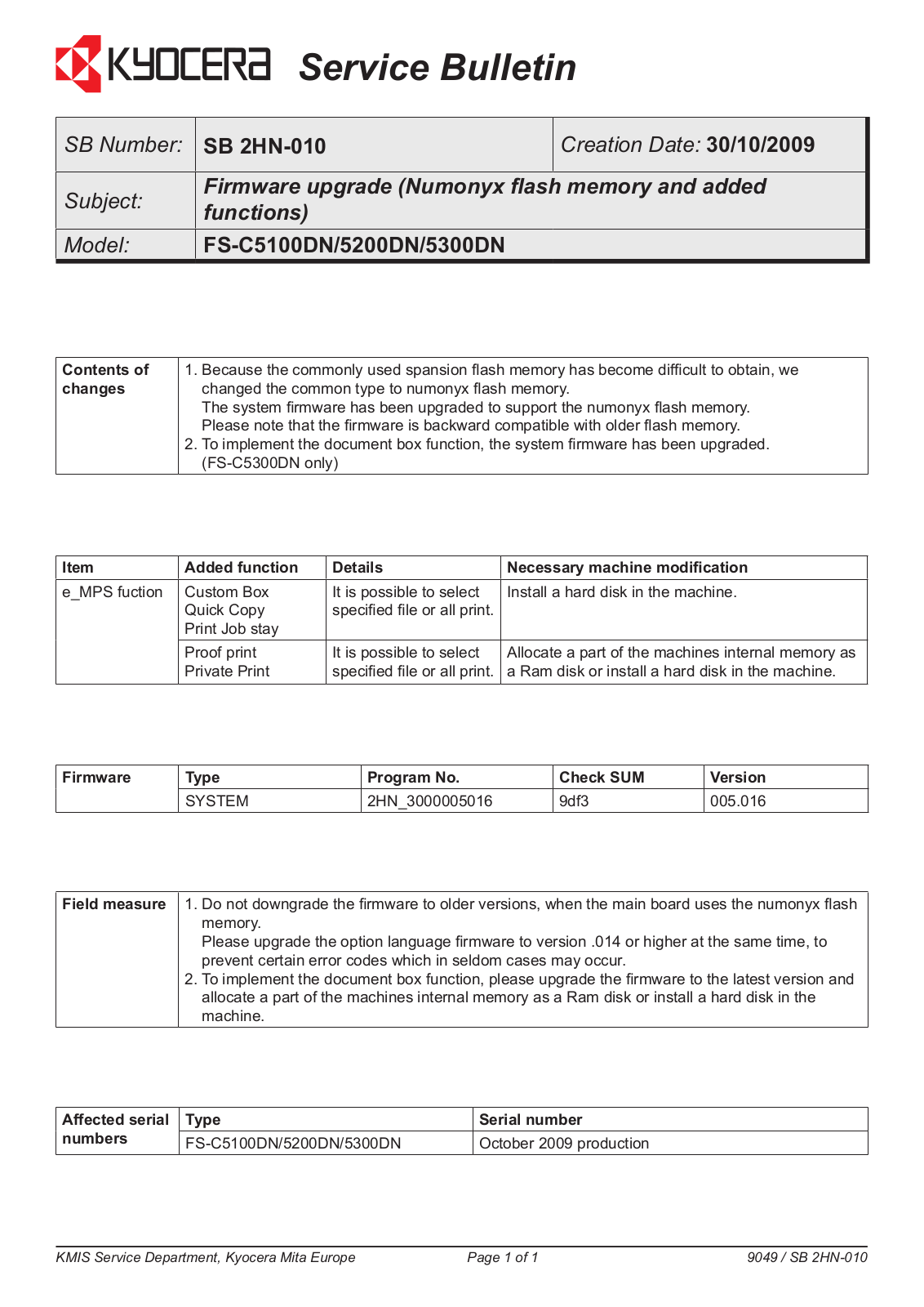 Kyocera FS-C5100, FS-5200, FS-5300, FS-5400 SERVICEBULLETINS 2HN 010