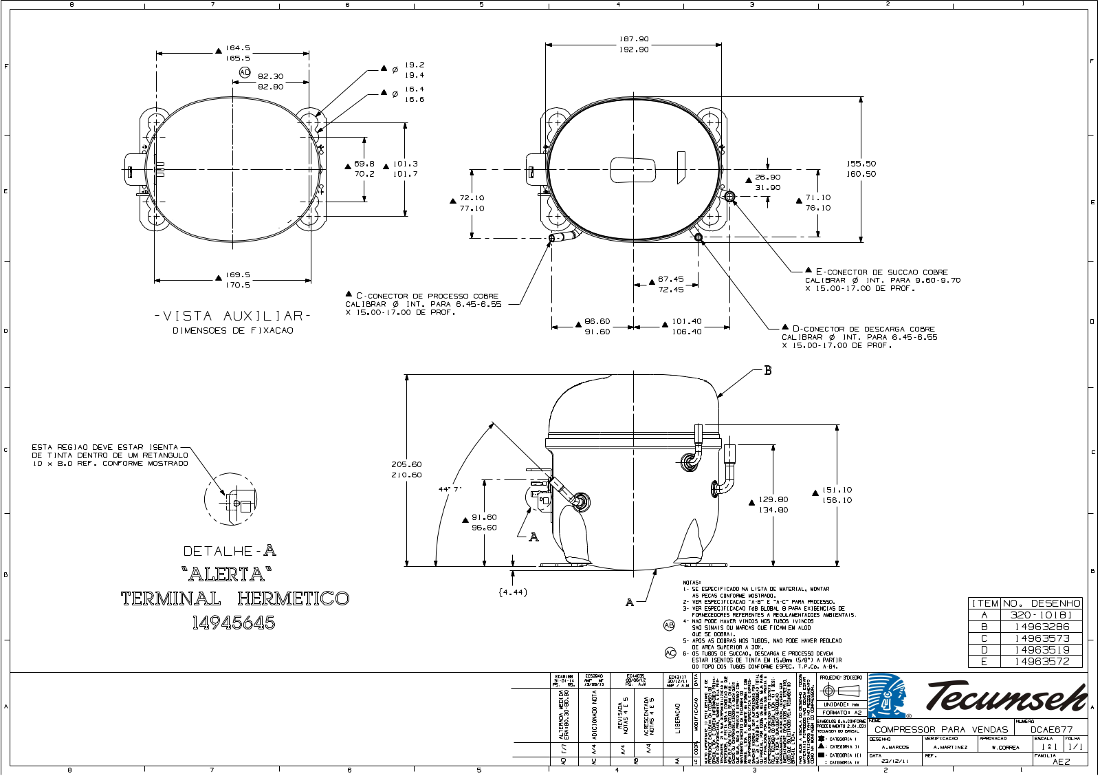 Tecumseh AE4450Y-XN3C, AE4456Y-XN3C, AE4460Y-AA3C, AE4460Y-FZ3C, AE4470Z-AA3C Drawing Data