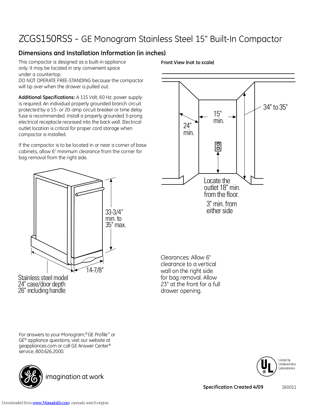 GE Monogram ZCGS150LSS, Monogram ZCGS150RSS Dimensions And Installation Information