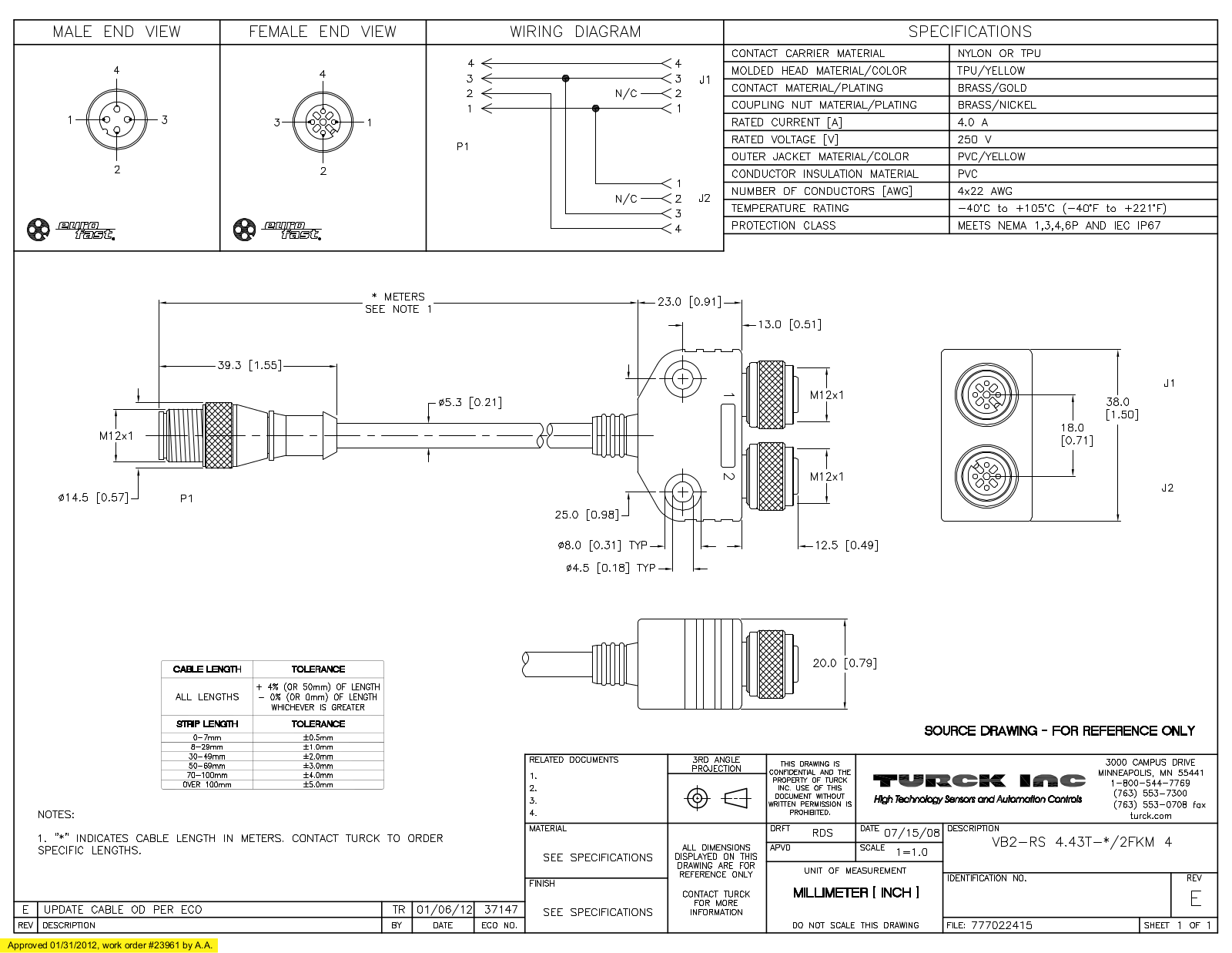 Turck VB2-RS4.43T-0.3/2FKM4 Specification Sheet