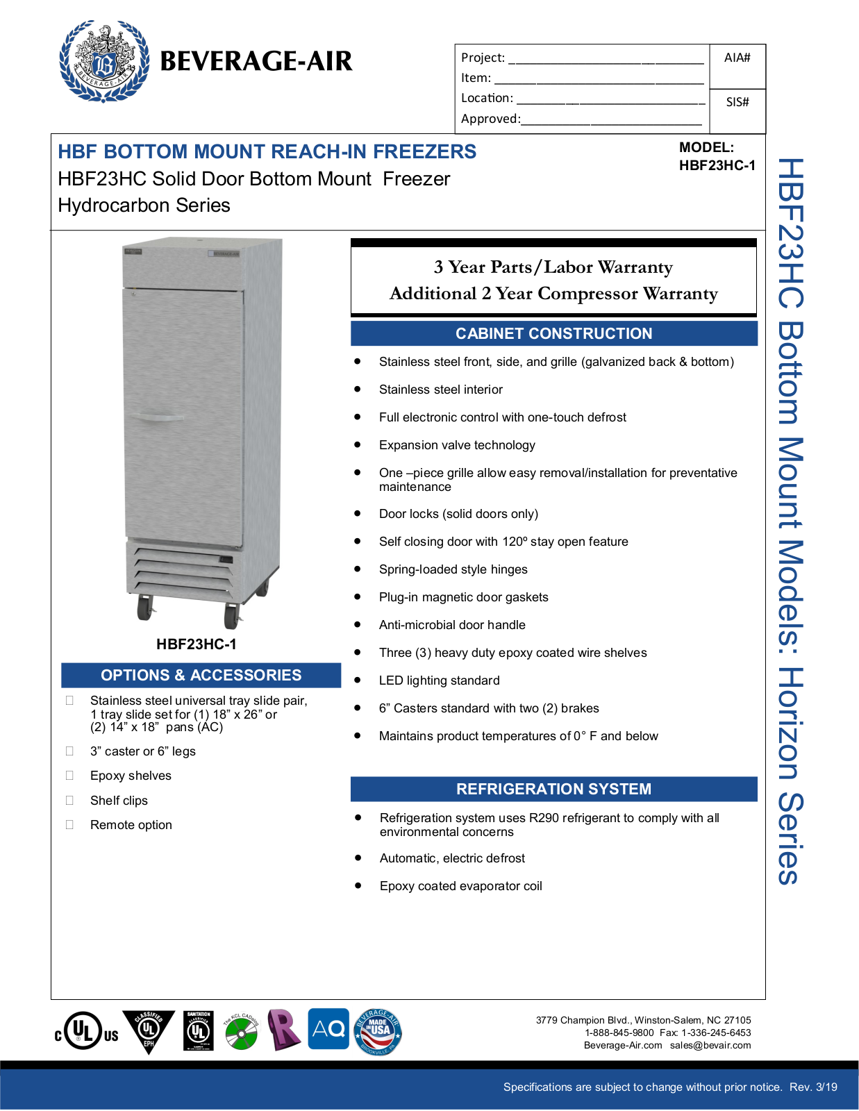 Beverage-Air HBF23HC1 Specifications