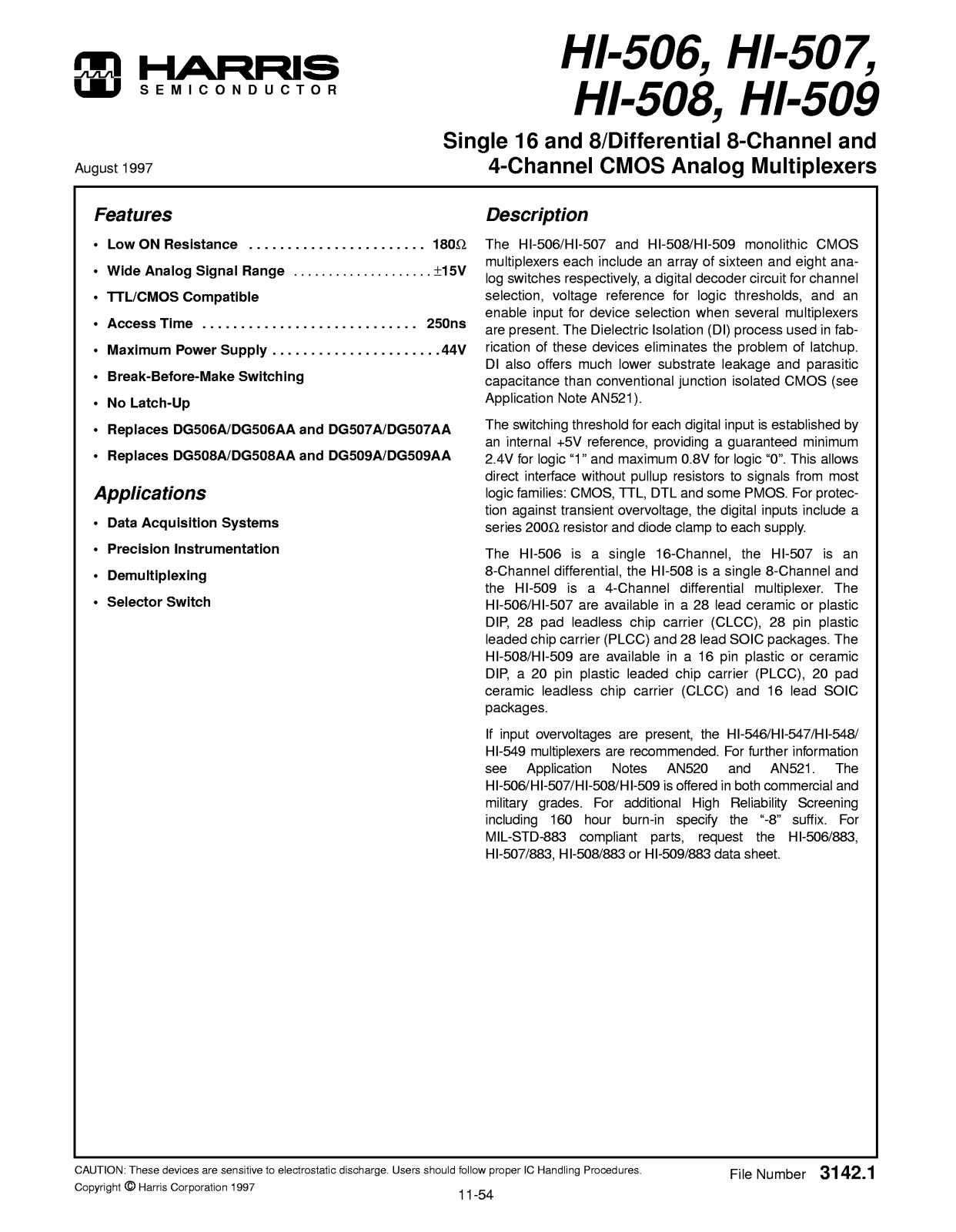 HARRIS Semiconductor HI-506, HI-507, HI-508, HI-509 Service Manual