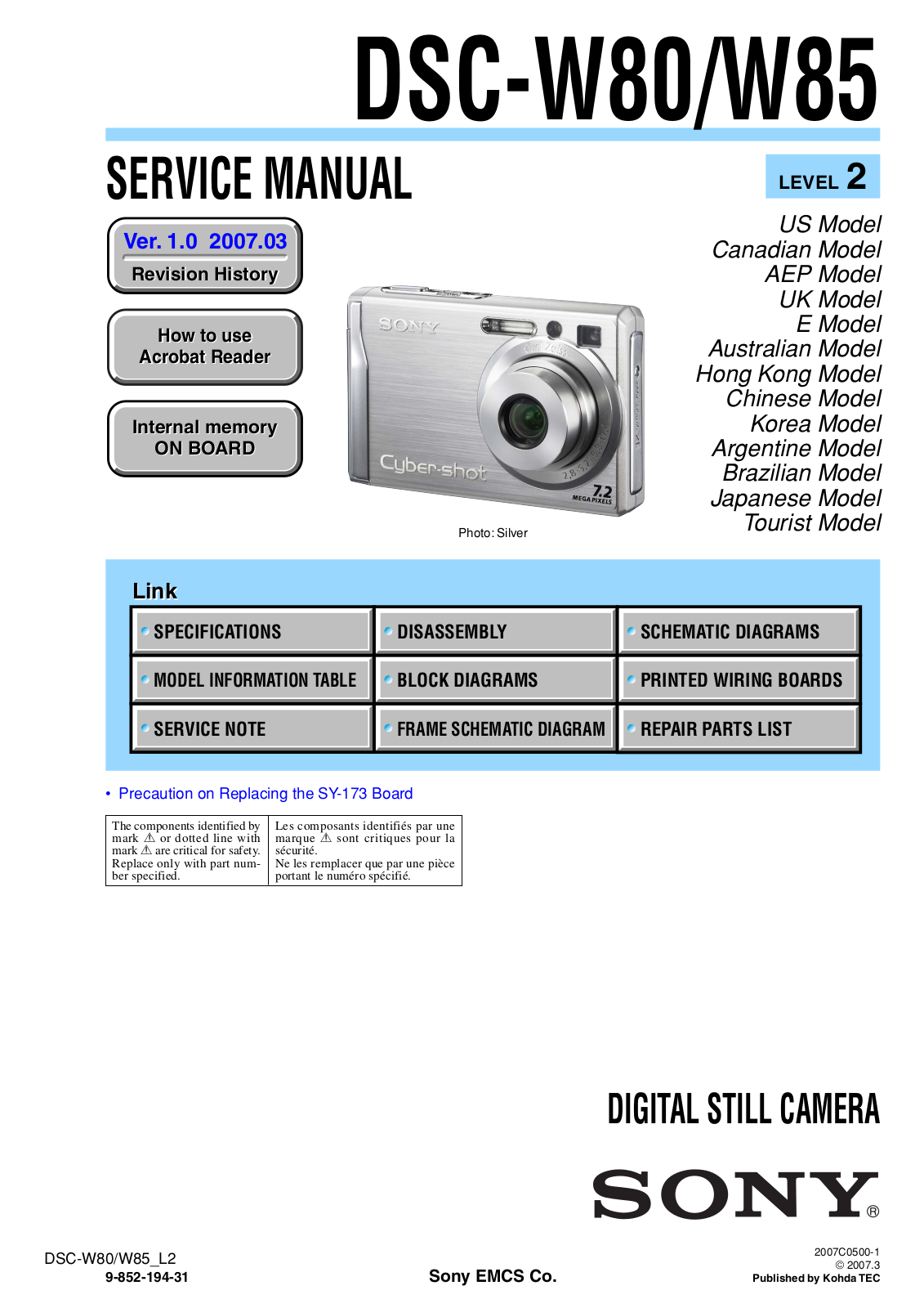 Sony DSC-W85, DSC-W80 Service Manual