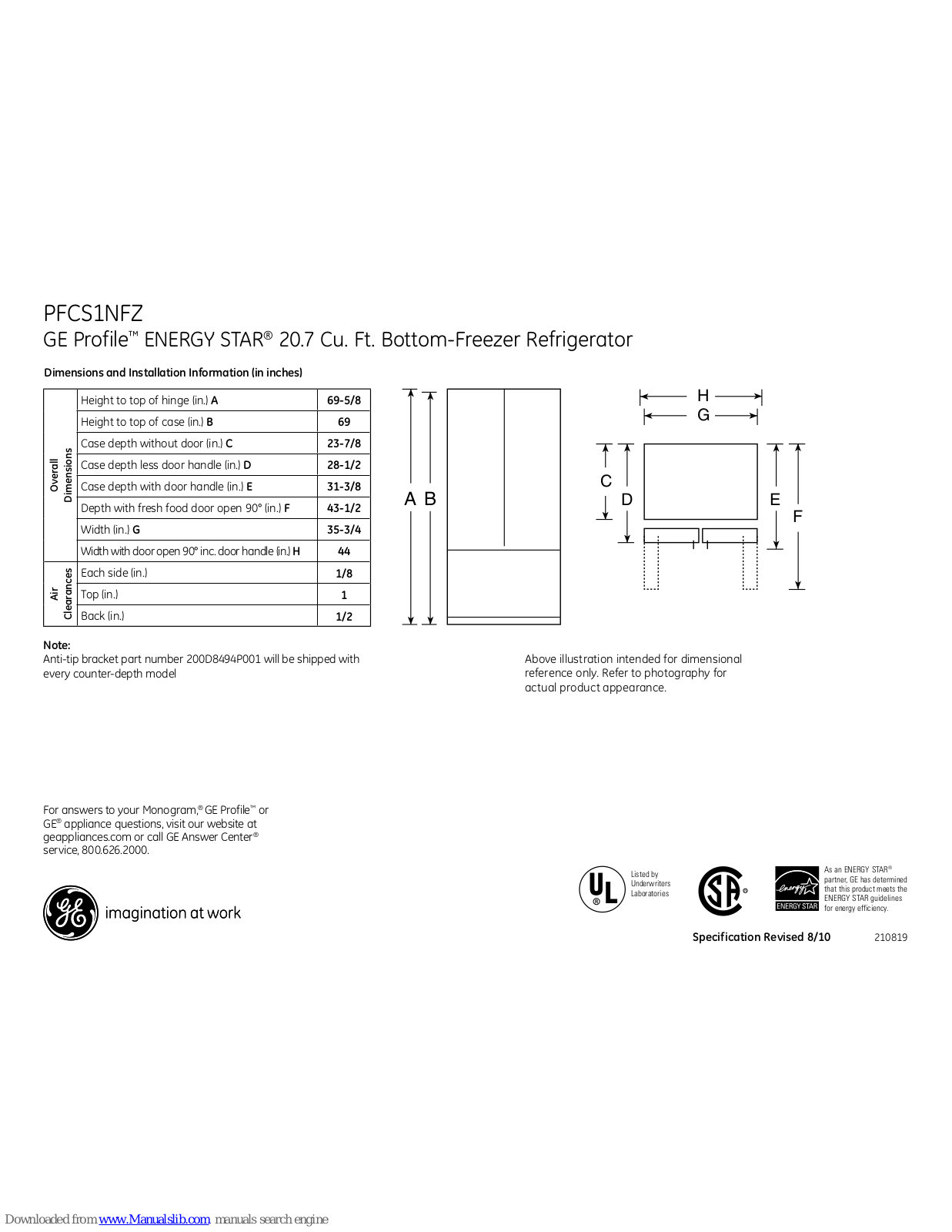 GE ENERGY STAR PFCF1NFZ, PFCS1NFZSS, ENERGY STAR PFCF1NFZBB, Profile PFCS1NFZ, Profile PFCS1NJZSS Dimensions And Installation Information