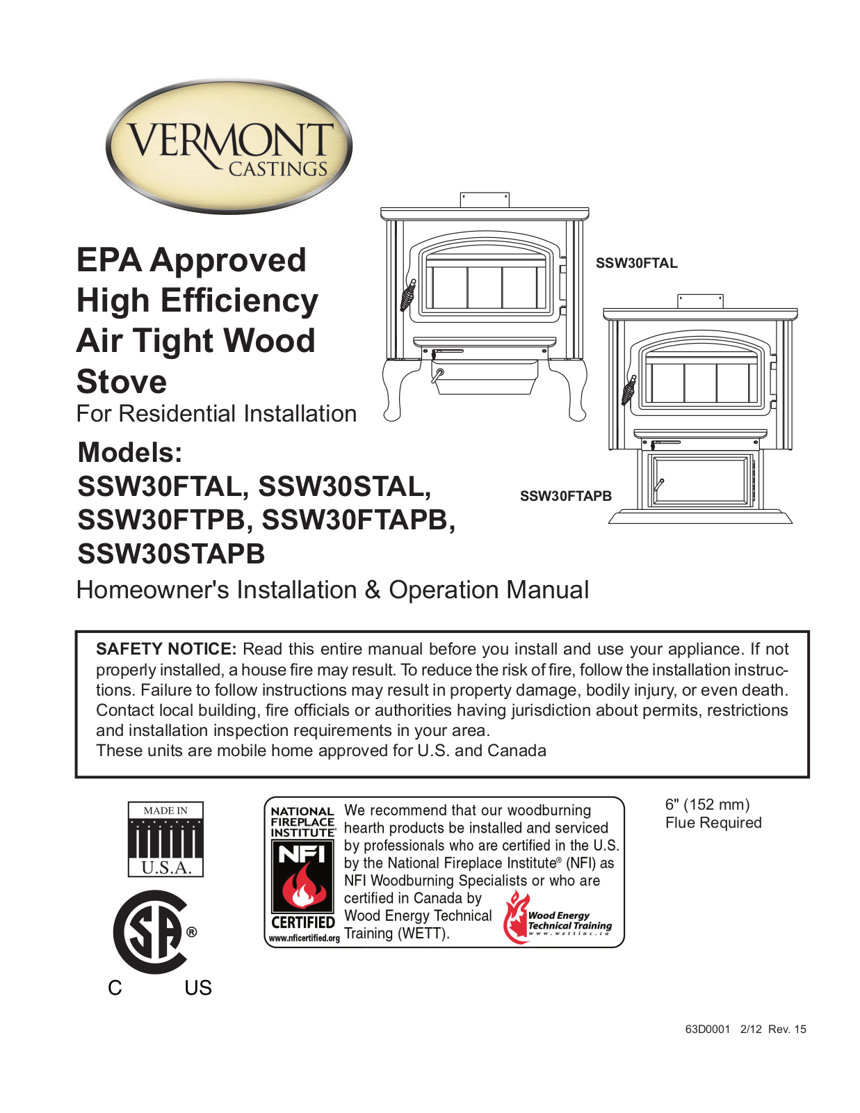 Vermont Castings SSW30FTAL, SSW30STAL, SSW30FTPB, SSW30FTAPB, SSW30STAPB Homeowner's Installation & Operation Manual