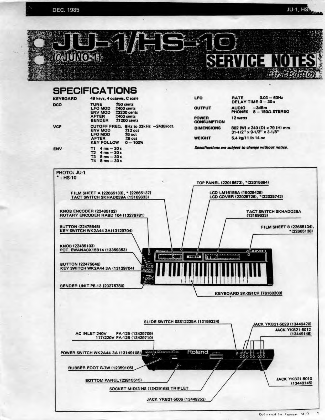 Roland Corporation JUNO-1, HS-10 User's Manual