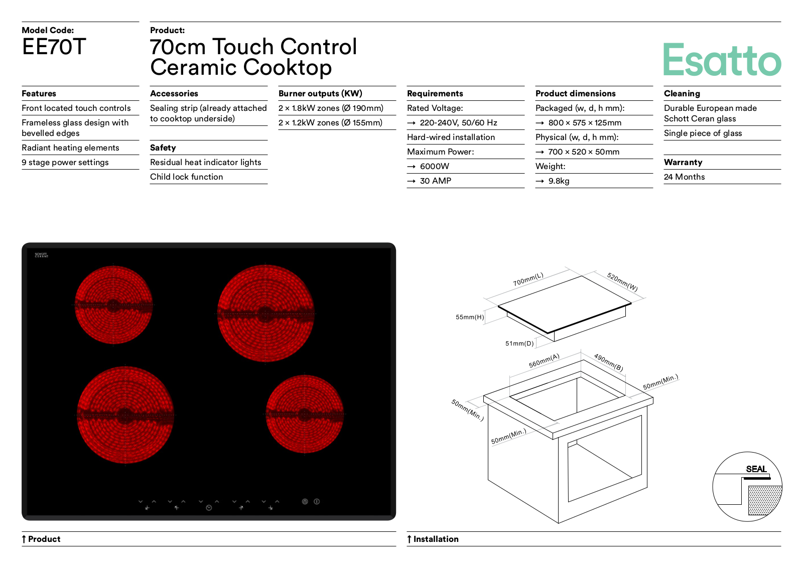 Esatto EE70T Specifications Sheet