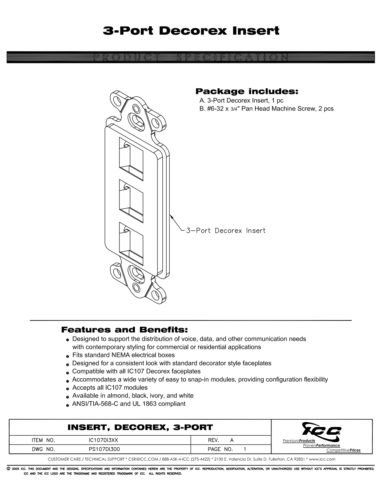 ICC IC107DI3AL, IC107DI3BK, IC107DI3IV, IC107DI3WH Specsheet