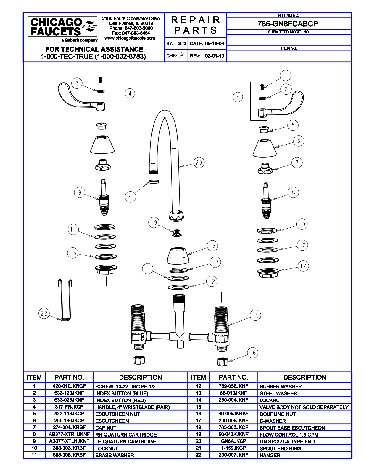 Chicago Faucet 786-GN8FCABCP Parts List