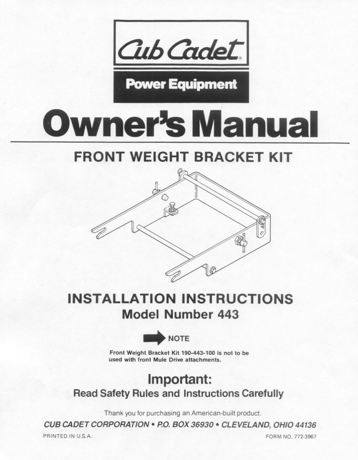 Cub Cadet Fitness Equipment 443 User Manual