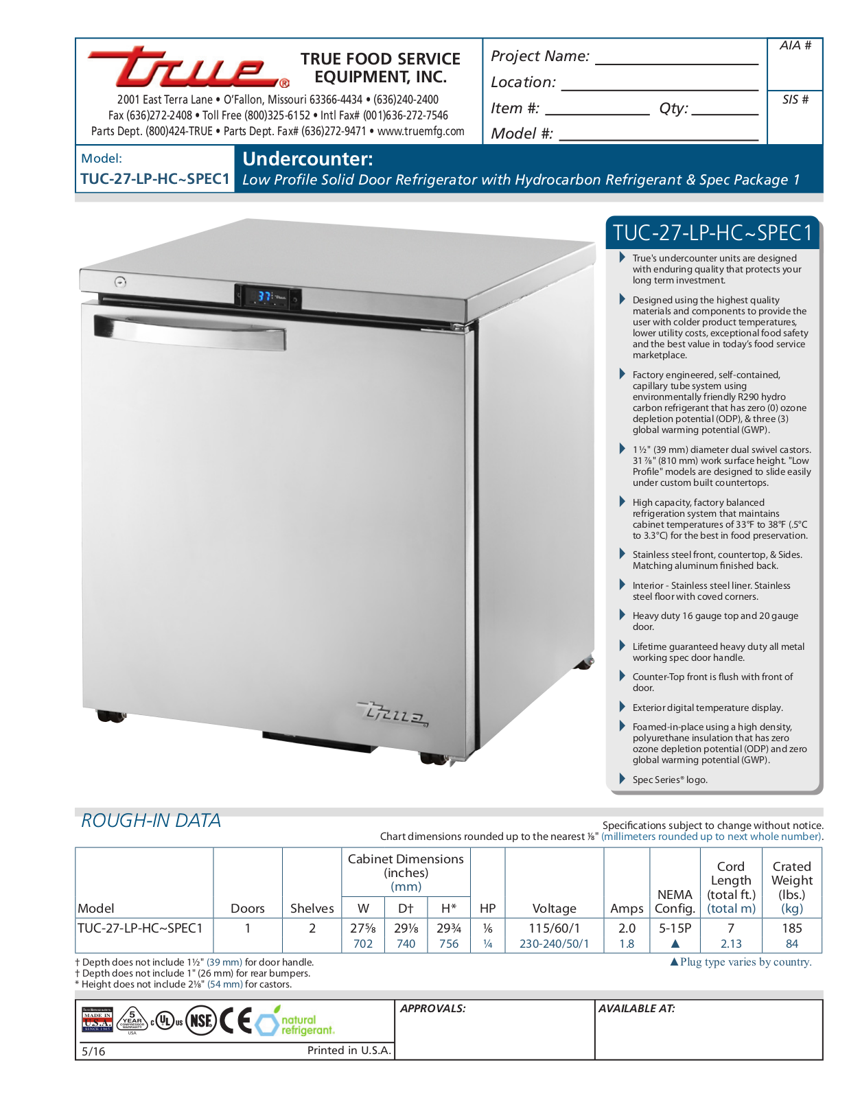 True TUC-27-LP-HC User Manual