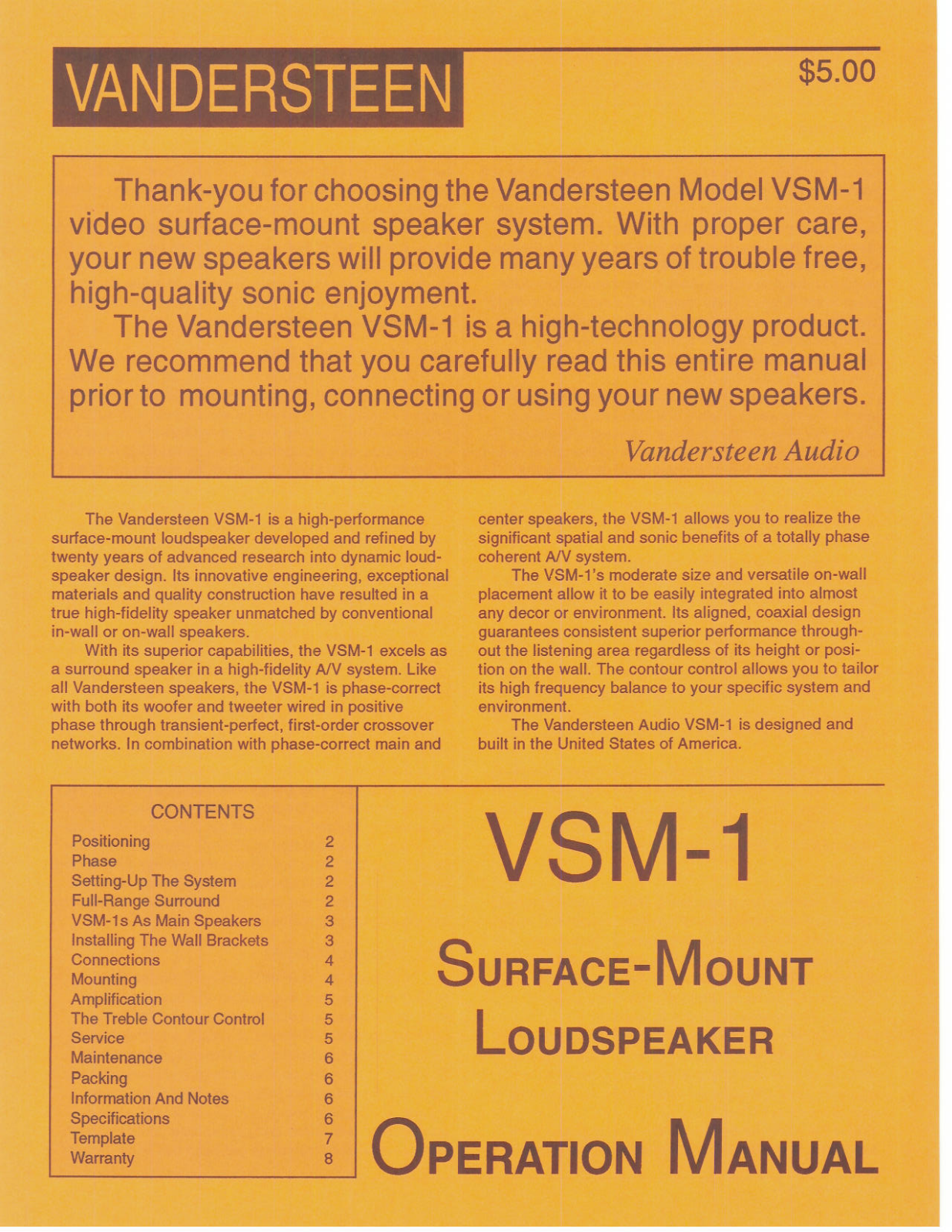 Vandersteen Audio VSM-1 User Manual