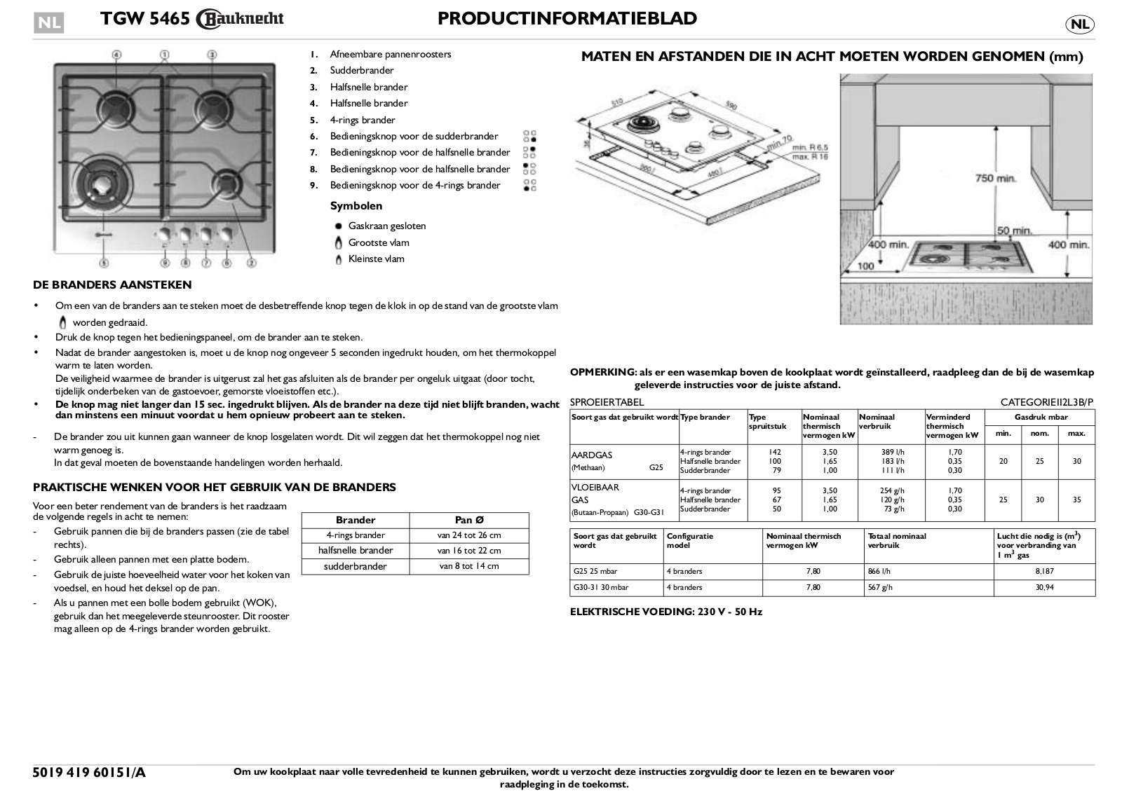 Whirlpool TGW 5465 IXL, TGW 5465/IN/01, TGW 5465 IN INSTRUCTION FOR USE