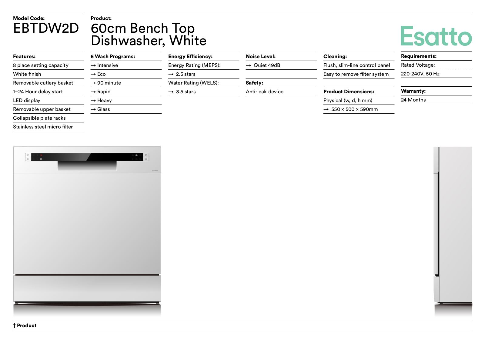 Esatto EBTDW2D Specifications Sheet