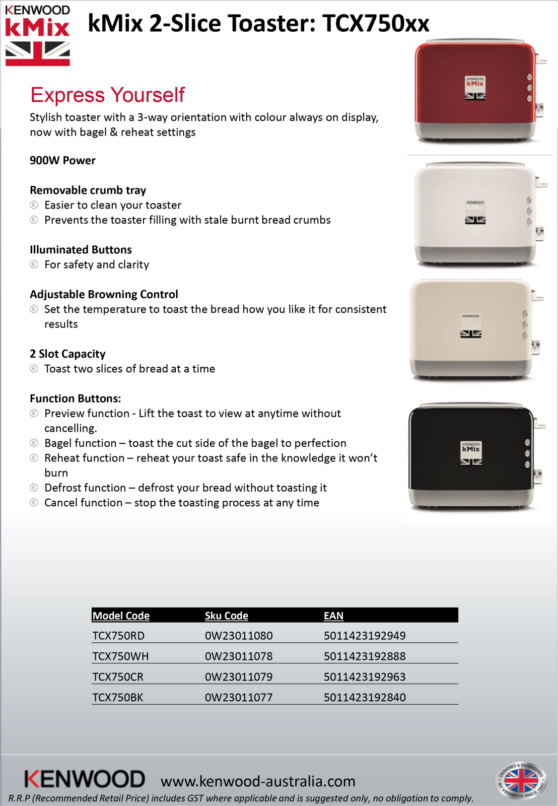 Kenwood TCX750BK, TCX750CR, TCX750WH, TCX750RD, ZJX740BKTCX750BK Datasheet