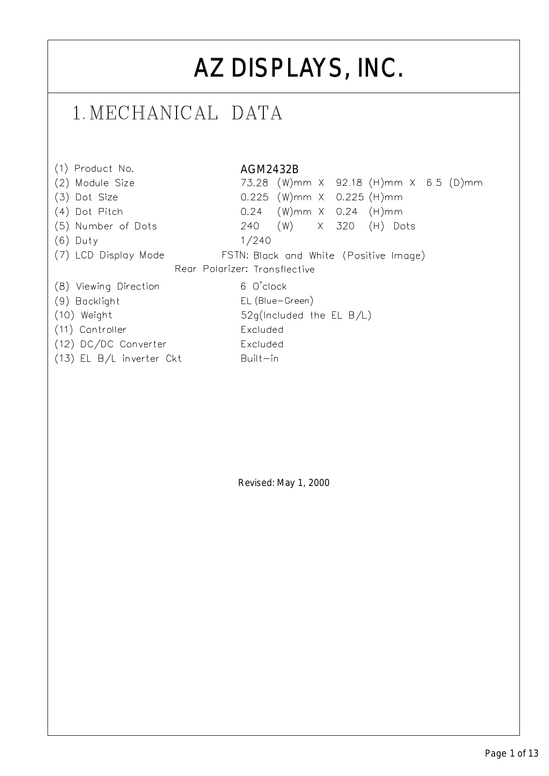 AZDIS AGM2432B-FEFBW-T, AGM2432B-FEFBH-T Datasheet