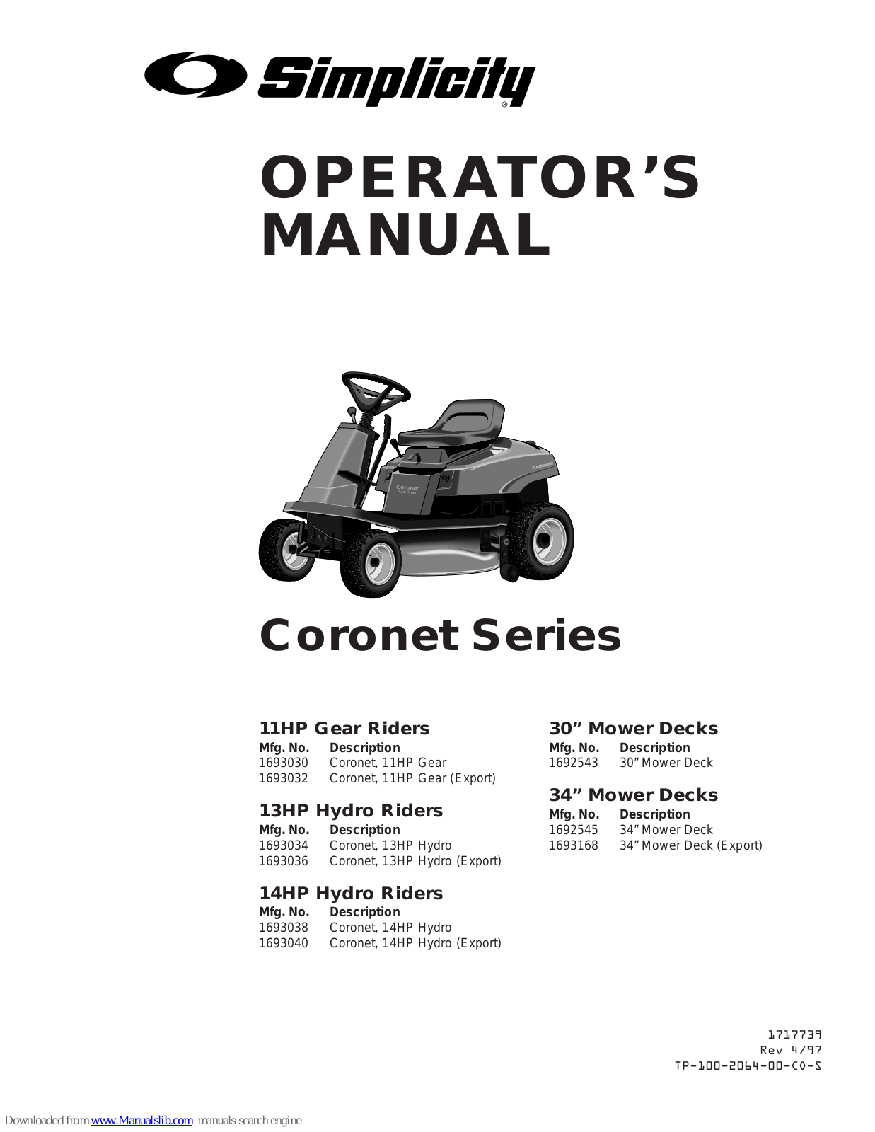 Simplicity 1693034, 1693036, 1693038, 1693040, 1692543 Operator's Manual