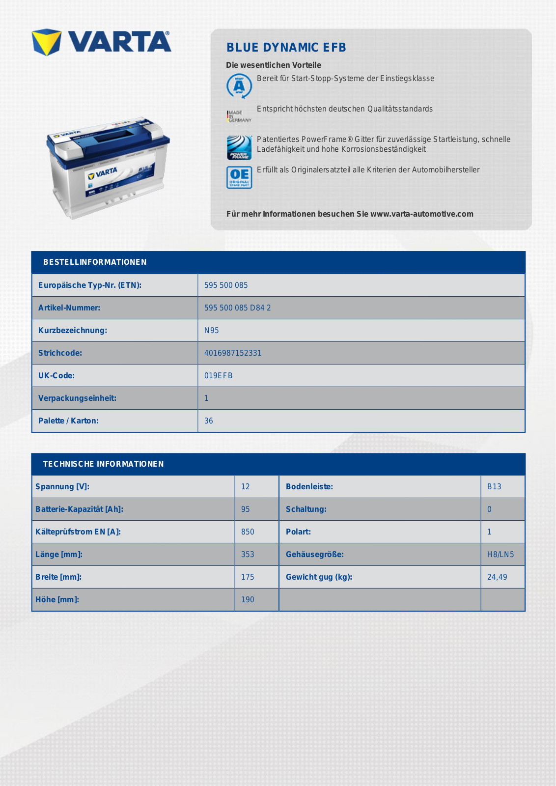 Varta EFB N95 data sheet - ManualMachine.com