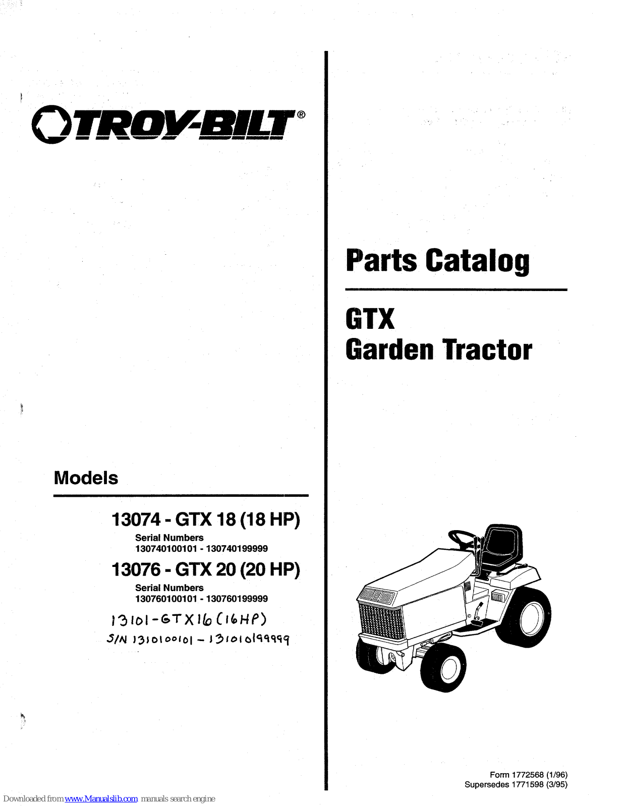 Troy-Bilt 13076, GTX 20, 13074, GTX 18 Parts Catalog