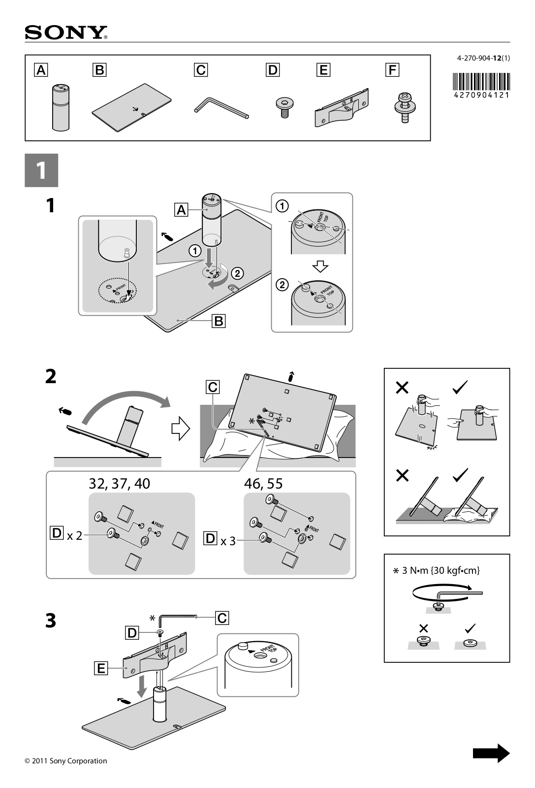 Sony XBR-46HX929, KDL-55NX720, KDL-55HX820, KDL-55EX720, KDL-55EX620 Assembly Instructions