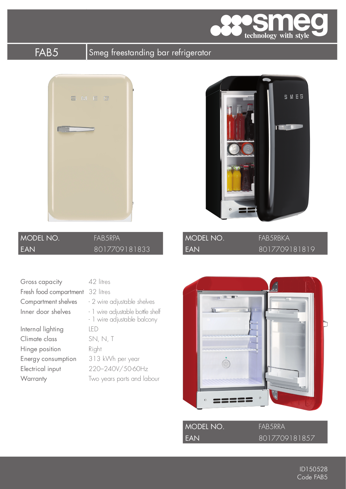 Smeg FAB5RBLA, FAB5RRA, FAB5RBKA, FAB5RPA Specifications Sheet