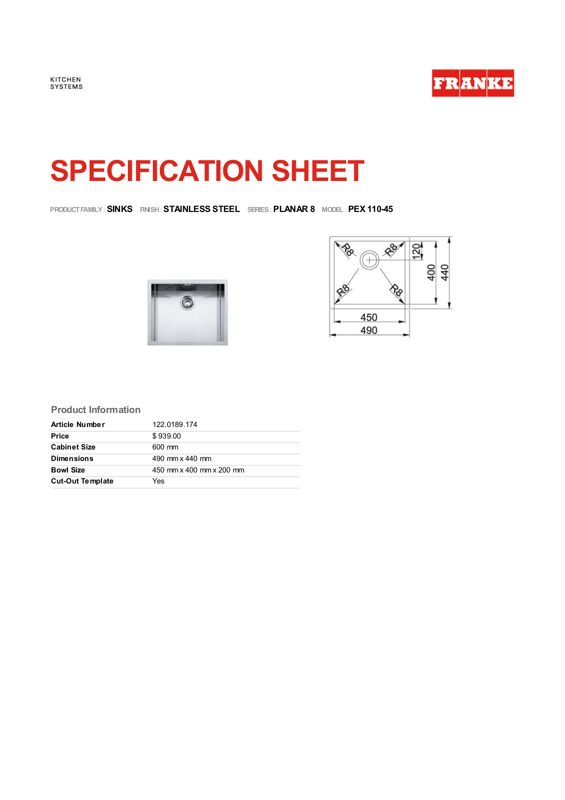 Franke Foodservice PEX 110-45 User Manual