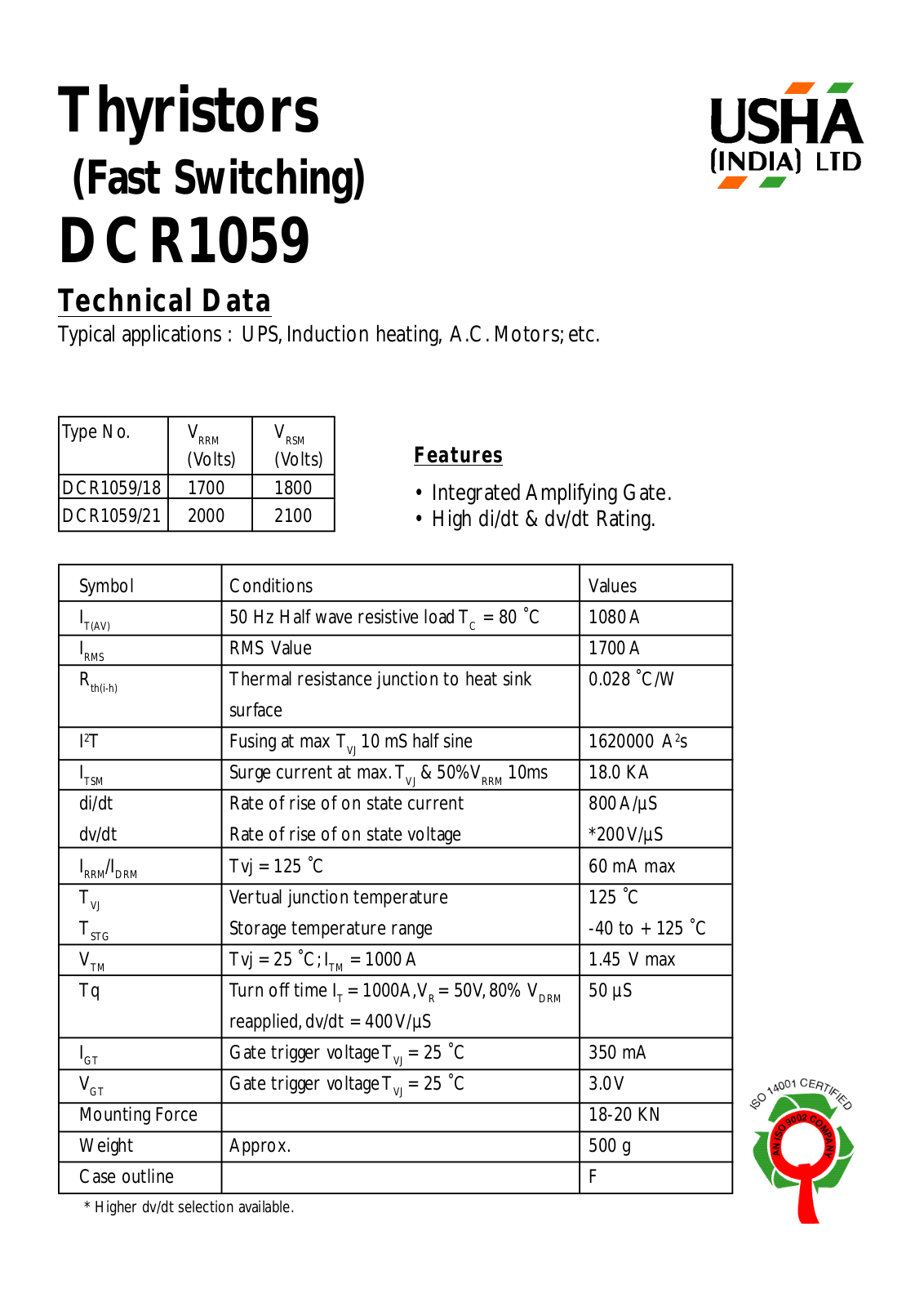 USHA DCR1059-21, DCR1059-18 Datasheet