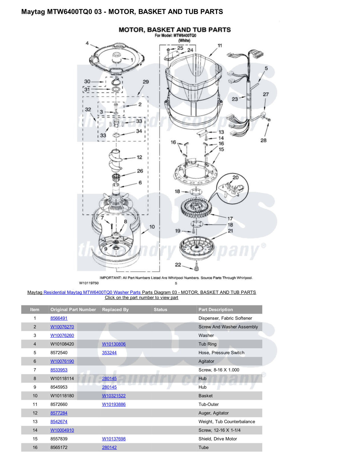 Maytag MTW6400TQ0 Parts Diagram