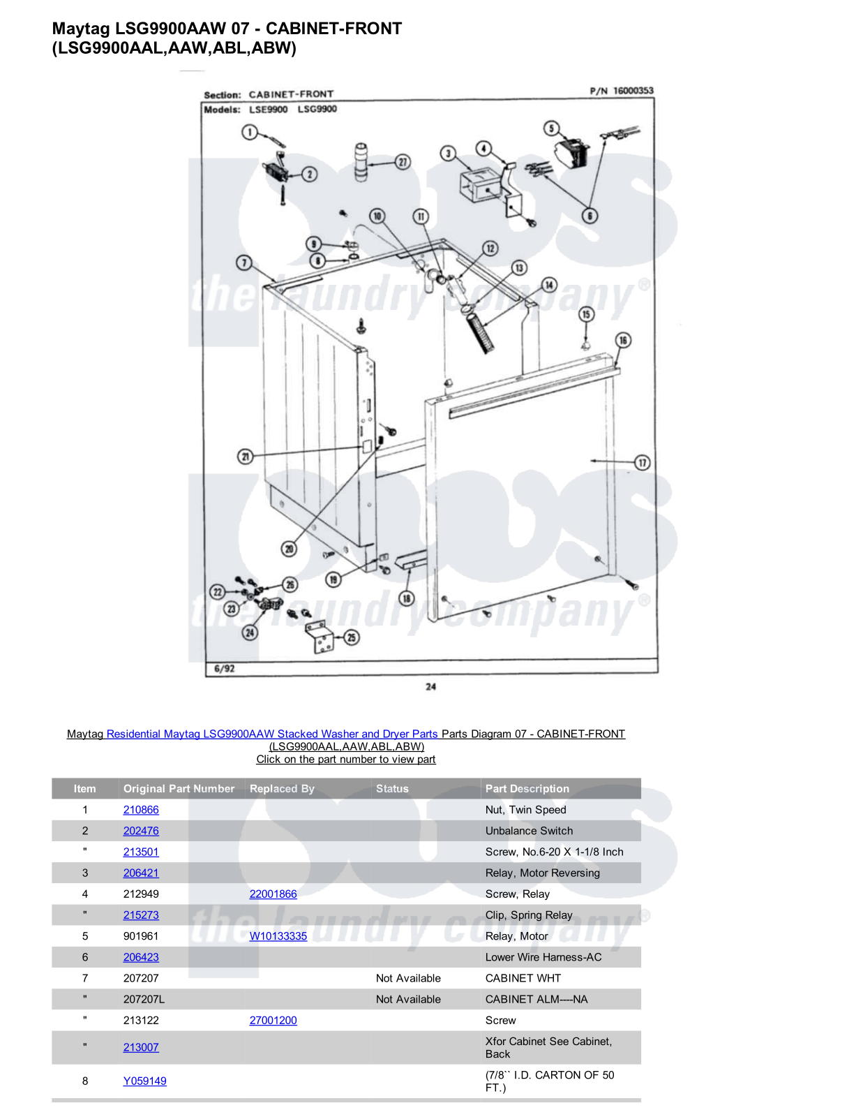 Maytag LSG9900AAW Stacked and Parts Diagram