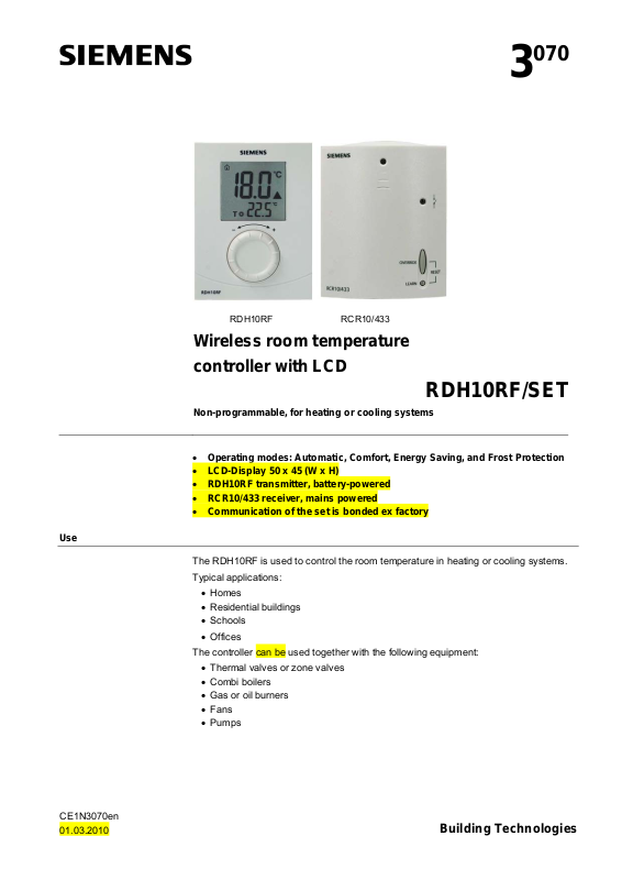 Siemens RDH10RF, RCR10-433 User Manual