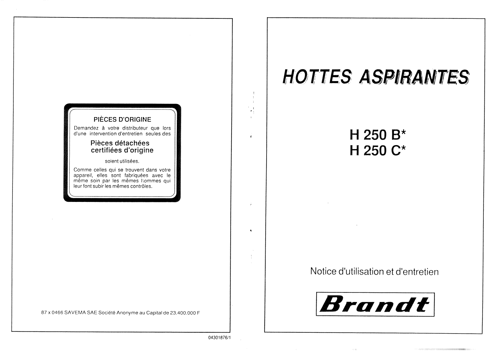 BRANDT H250 User Manual