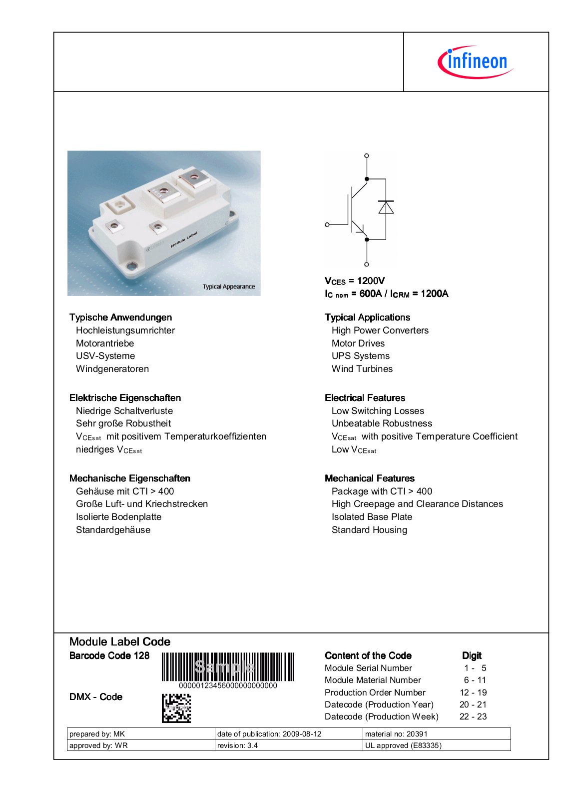 Infineon FZ600R12KE3 Data Sheet